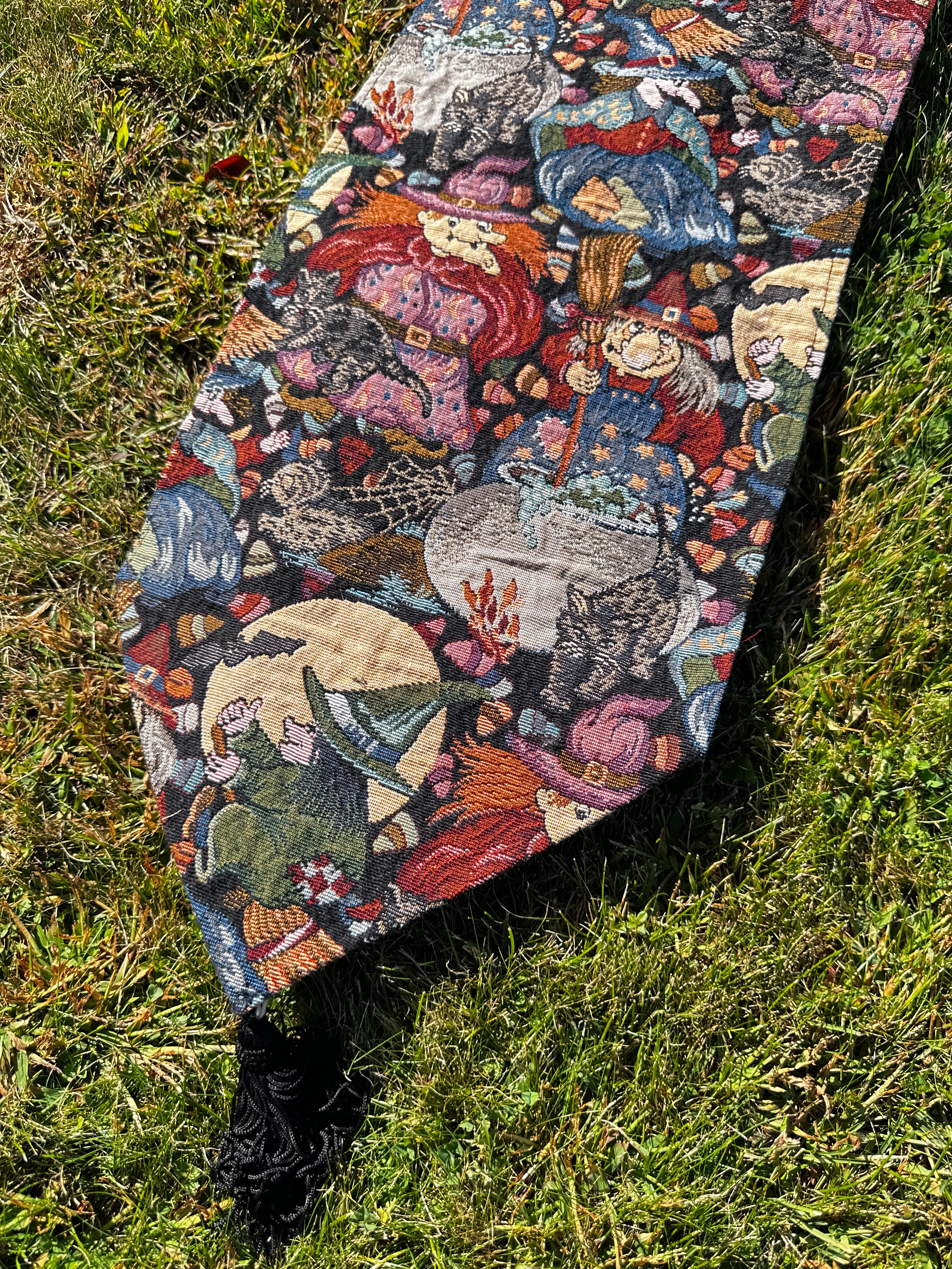 Vintage Tapestry Halloween Table Runner – Witches, Pumpkins, and Spooky Scene Print