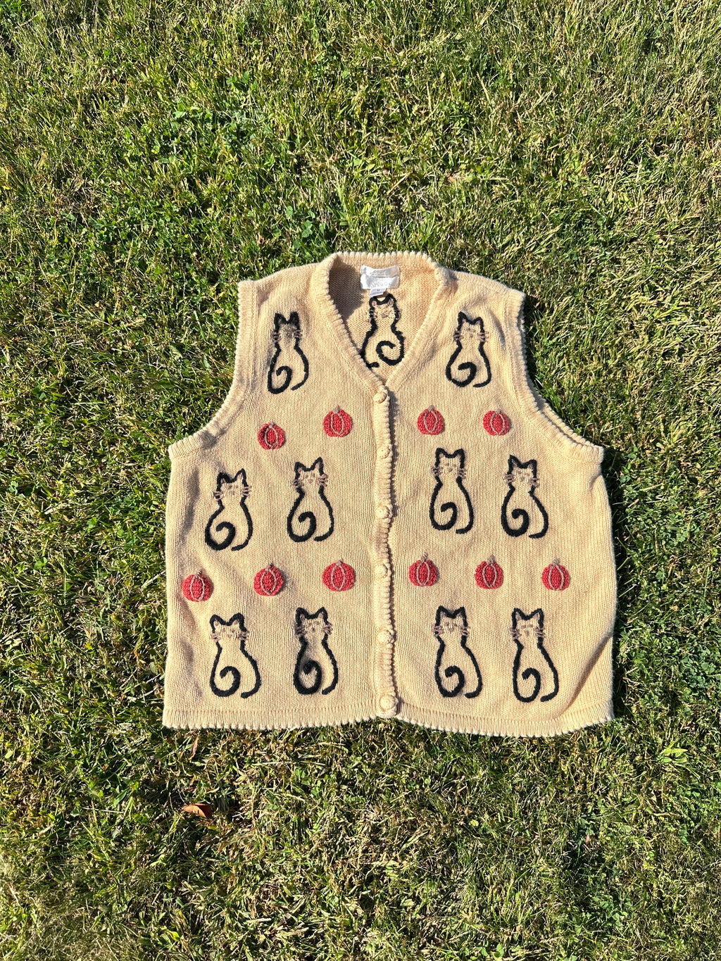 Vintage Knit Vest with Black Cat Halloween Pumpkin – Button Front