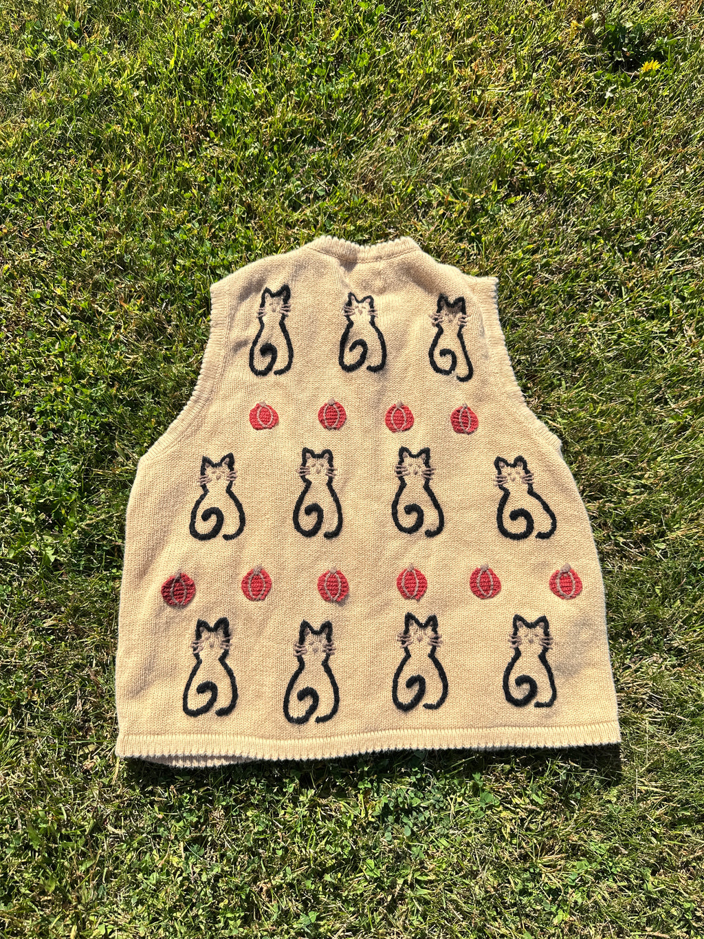 Vintage Knit Vest with Black Cat Halloween Pumpkin – Button Front