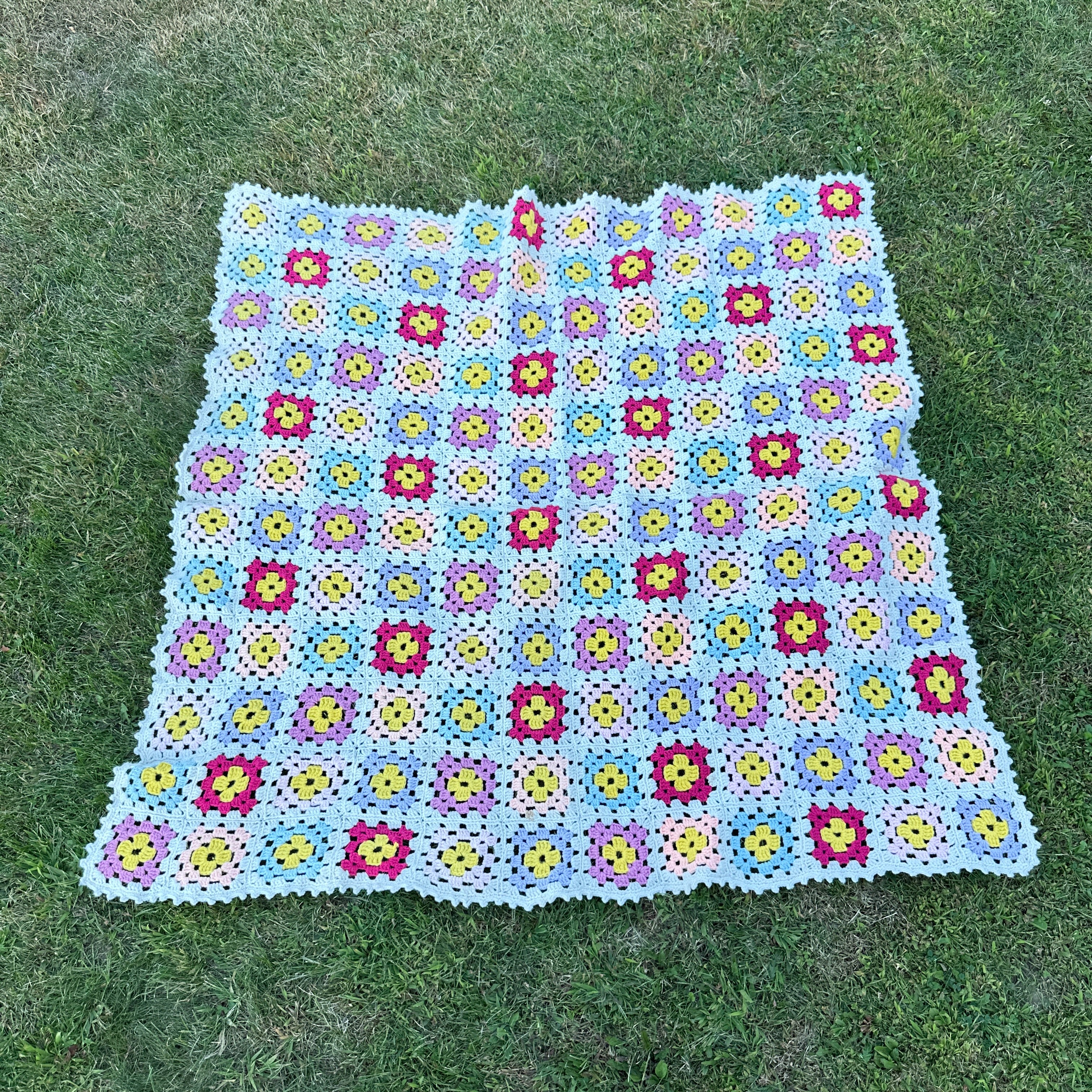 Handmade Granny Square Vintage Crocheted Blanket – Multicolor Floral Pattern