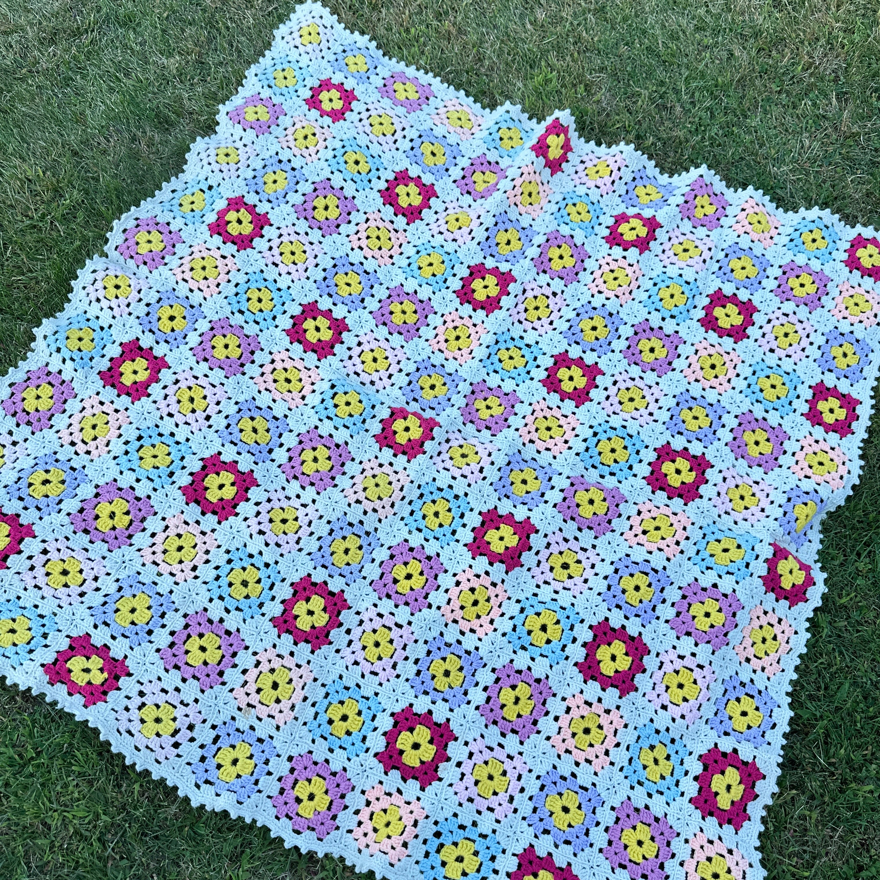 Handmade Granny Square Vintage Crocheted Blanket – Multicolor Floral Pattern