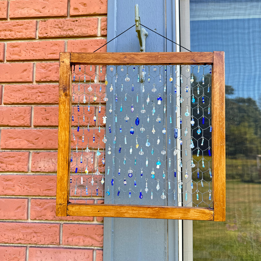 Handmade Beaded Suncatcher Panel – Wooden Frame with Blue and Clear Beads