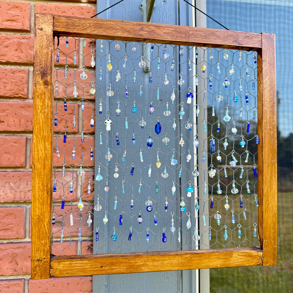 Handmade Beaded Suncatcher Panel – Wooden Frame with Blue and Clear Beads