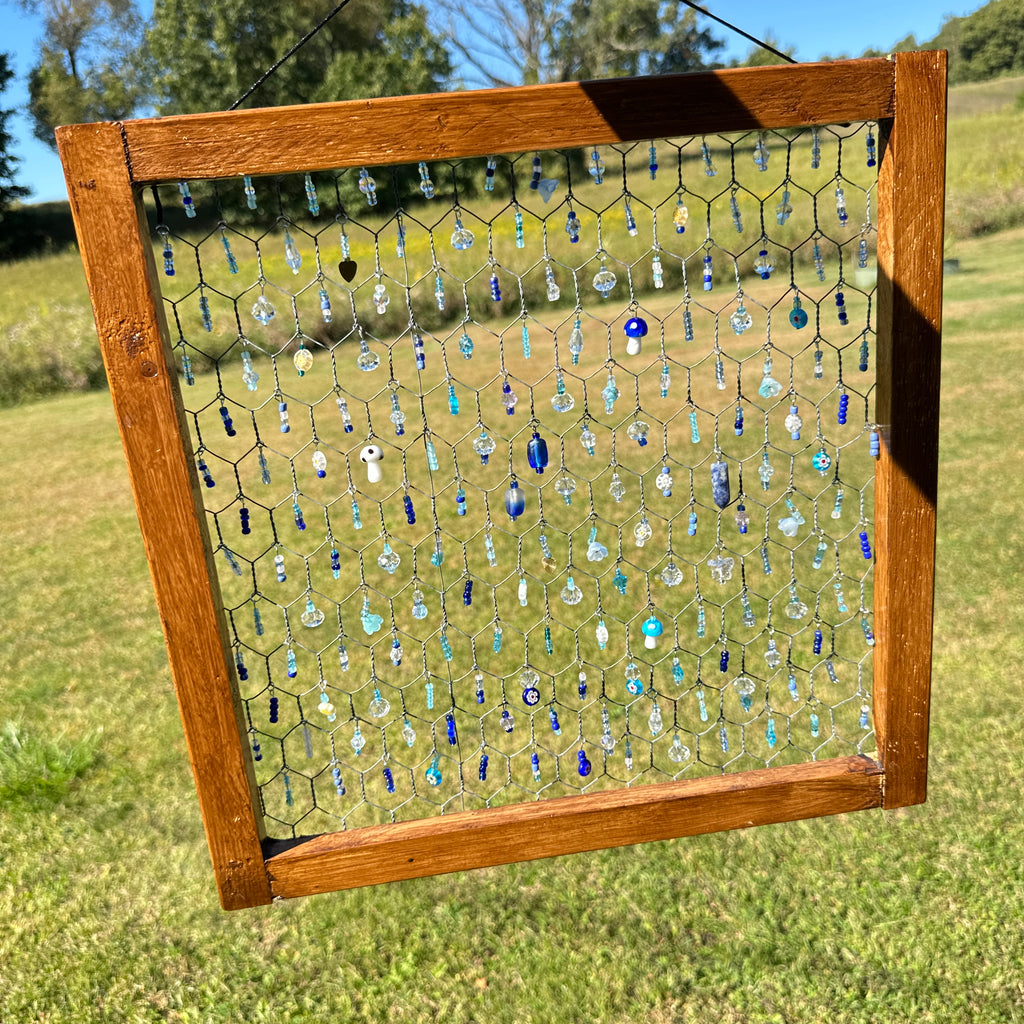 Handmade Beaded Suncatcher Panel – Wooden Frame with Blue and Clear Beads