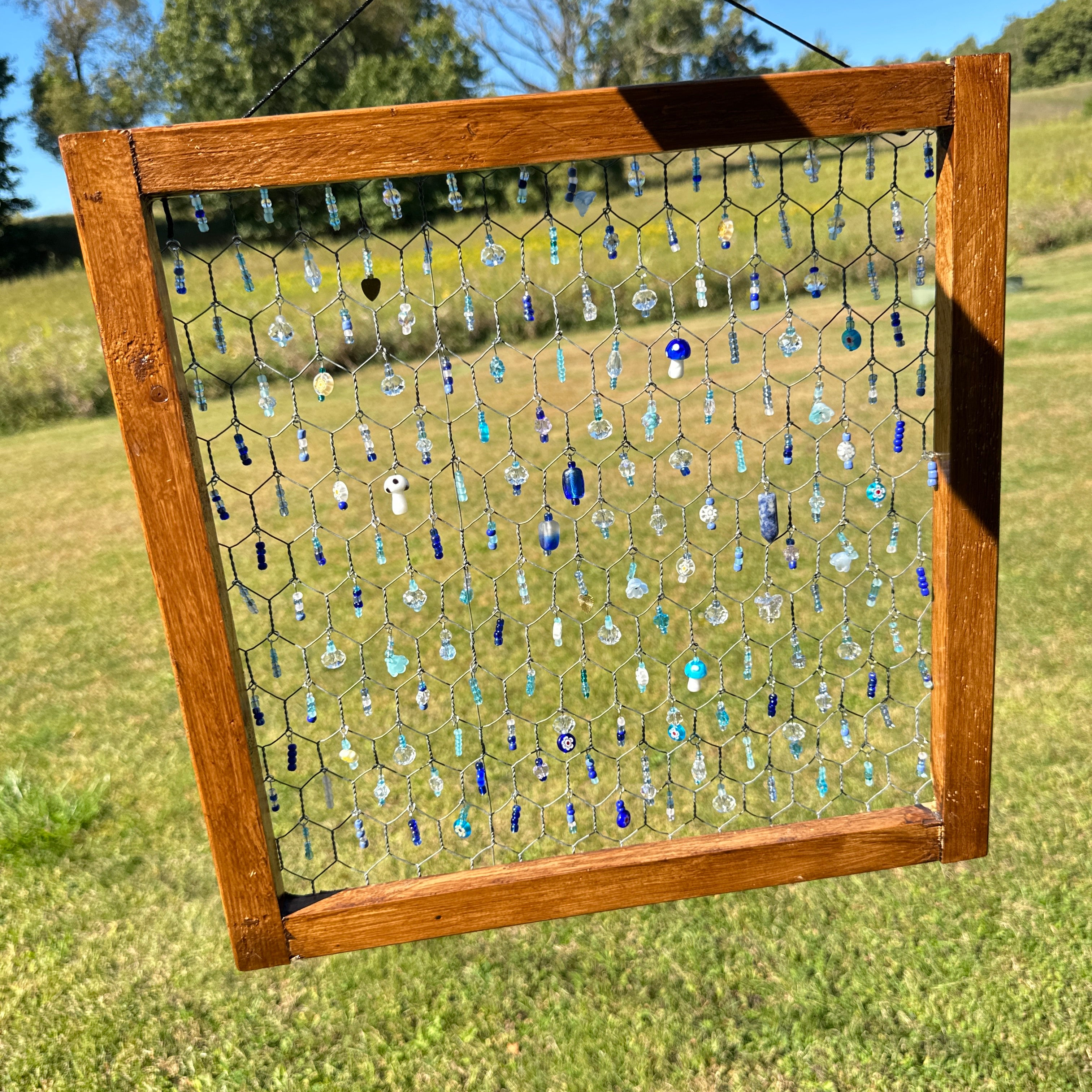 Handmade Beaded Suncatcher Panel – Wooden Frame with Blue and Clear Beads