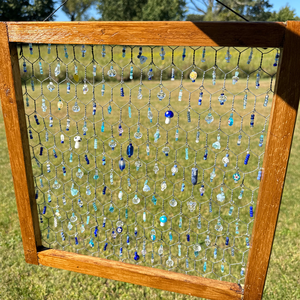 Handmade Beaded Suncatcher Panel – Wooden Frame with Blue and Clear Beads