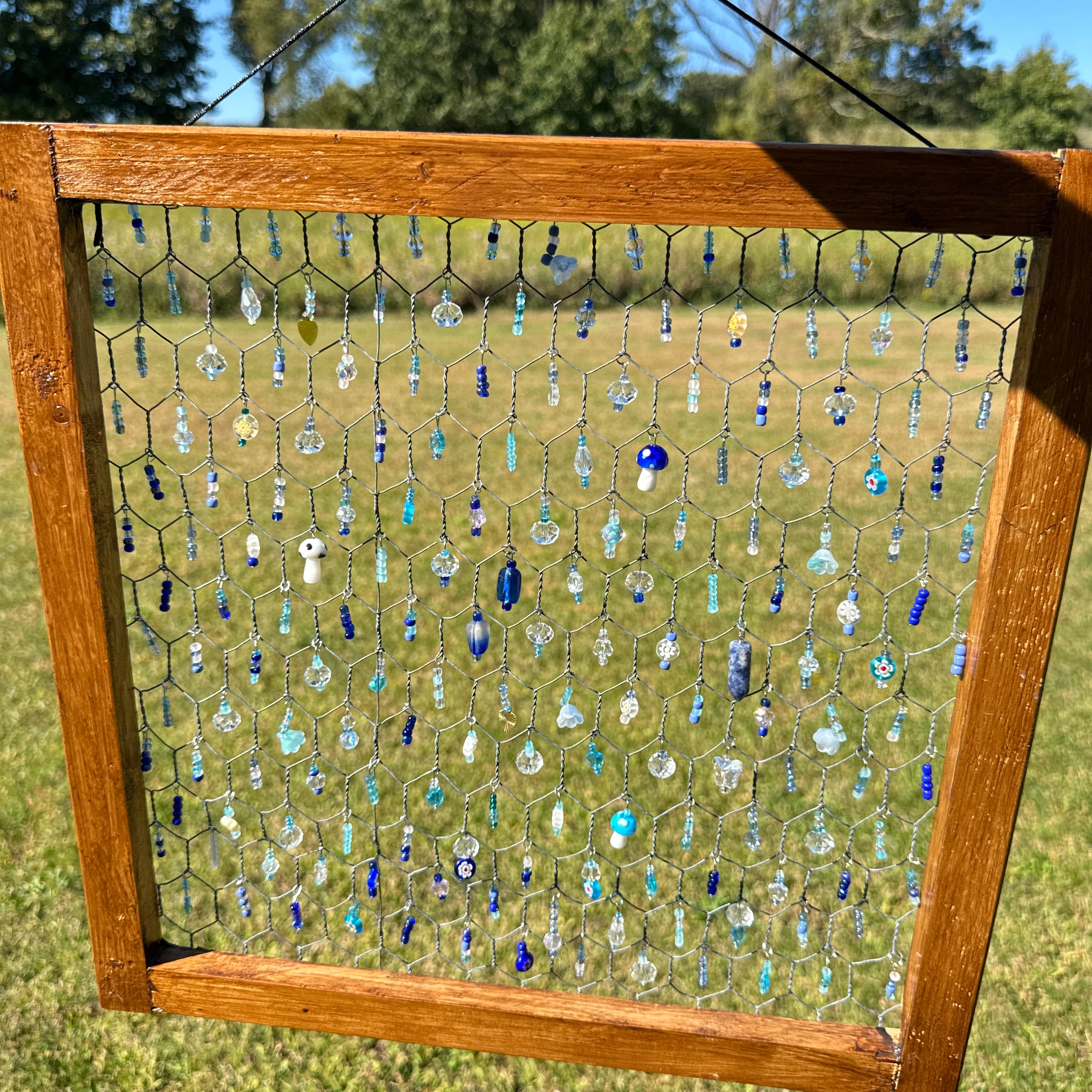 Handmade Beaded Suncatcher Panel – Wooden Frame with Blue and Clear Beads