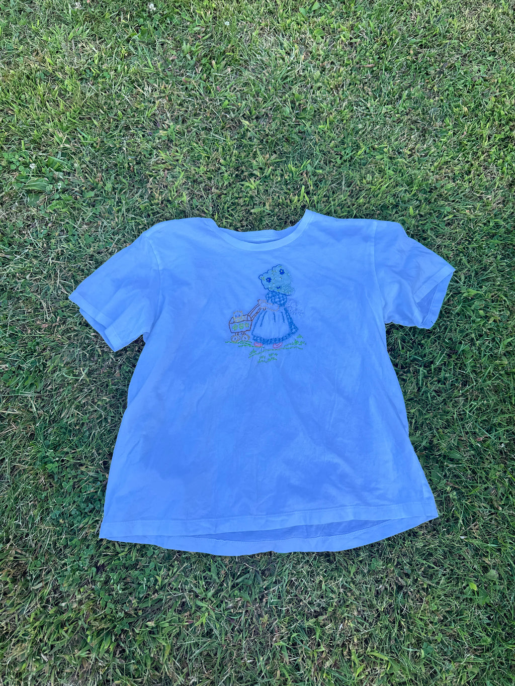 Hand Embroidered Vintage Style T-Shirt with Girl and Basket Design