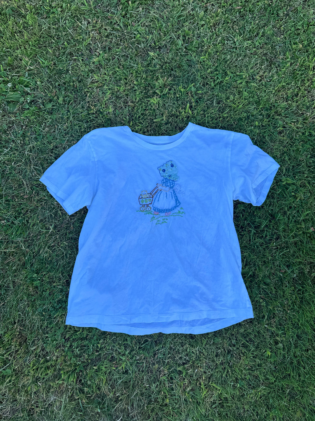 Hand Embroidered Vintage Style T-Shirt with Girl and Basket Design