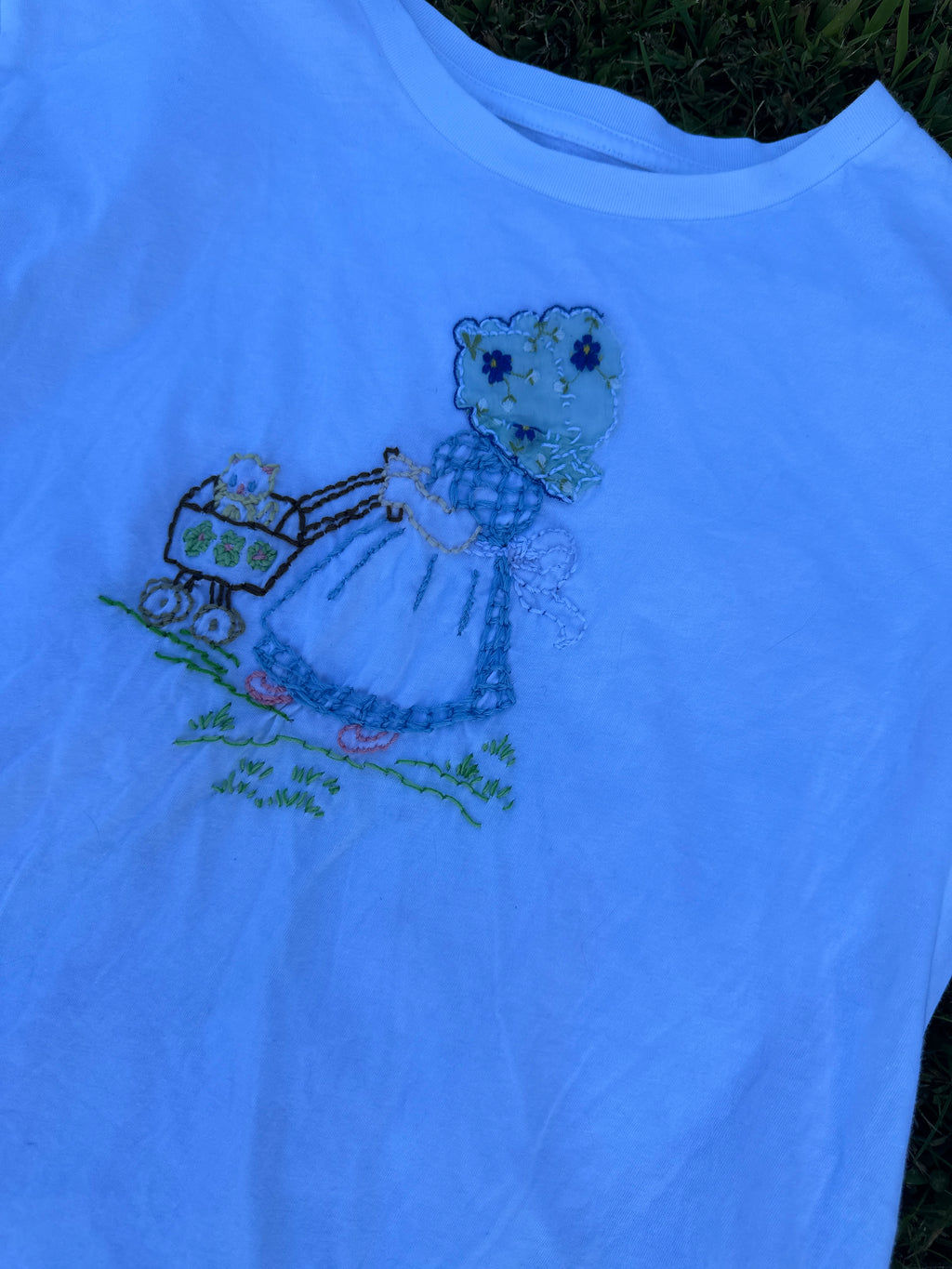 Hand Embroidered Vintage Style T-Shirt with Girl and Basket Design