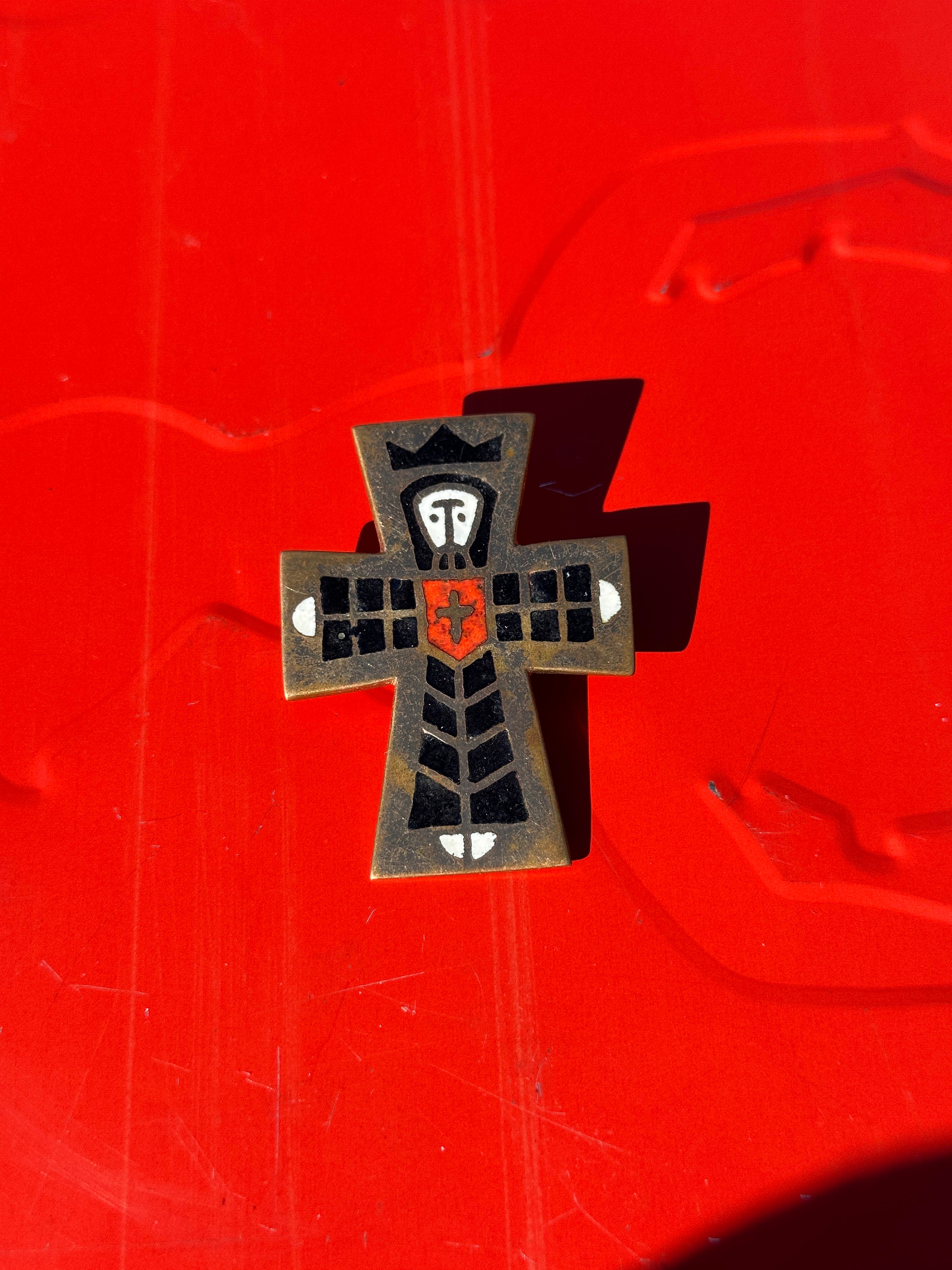 Vintage Modernist Enamel Cross Pin with Abstract Face Design