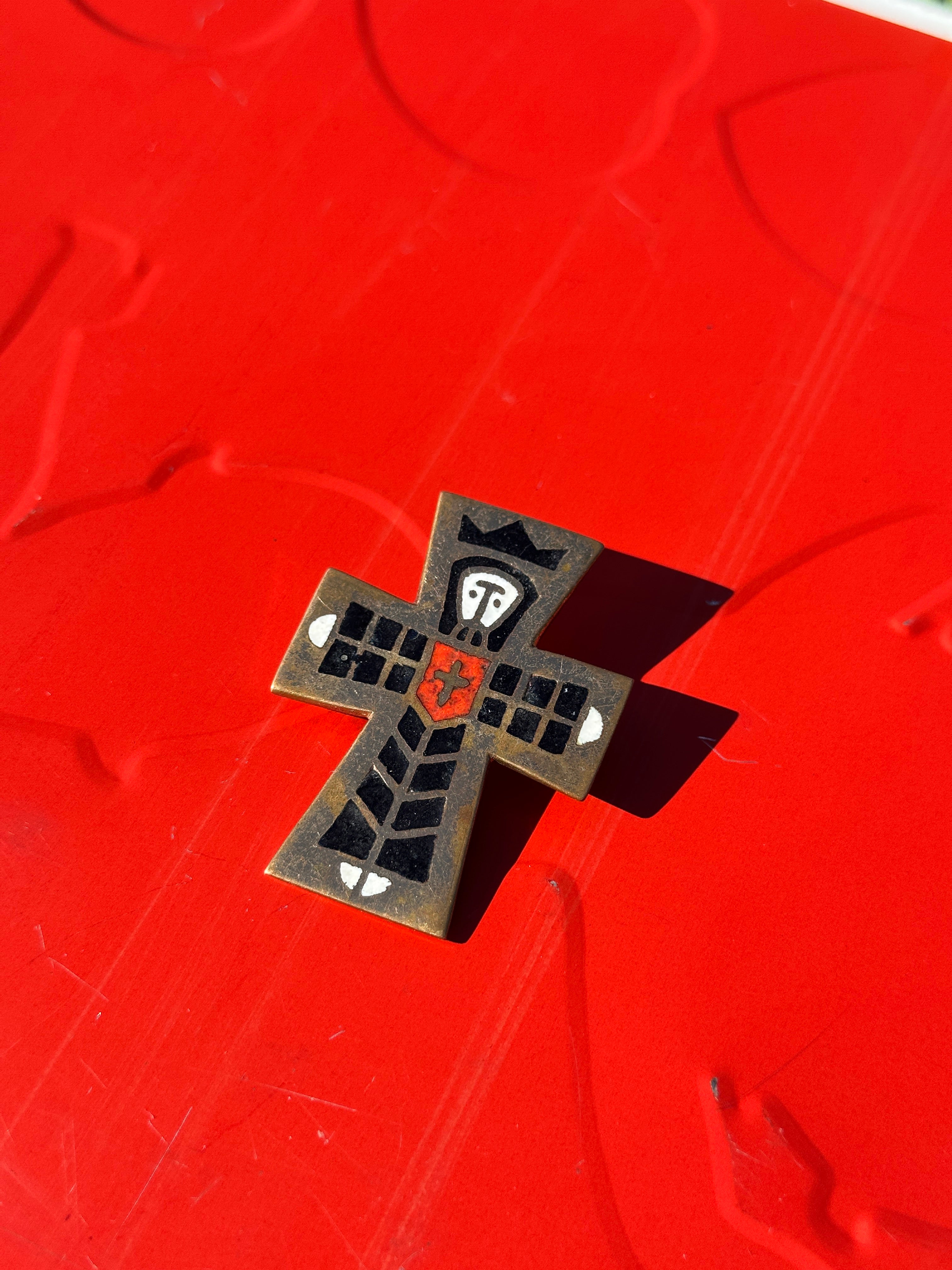 Vintage Modernist Enamel Cross Pin with Abstract Face Design