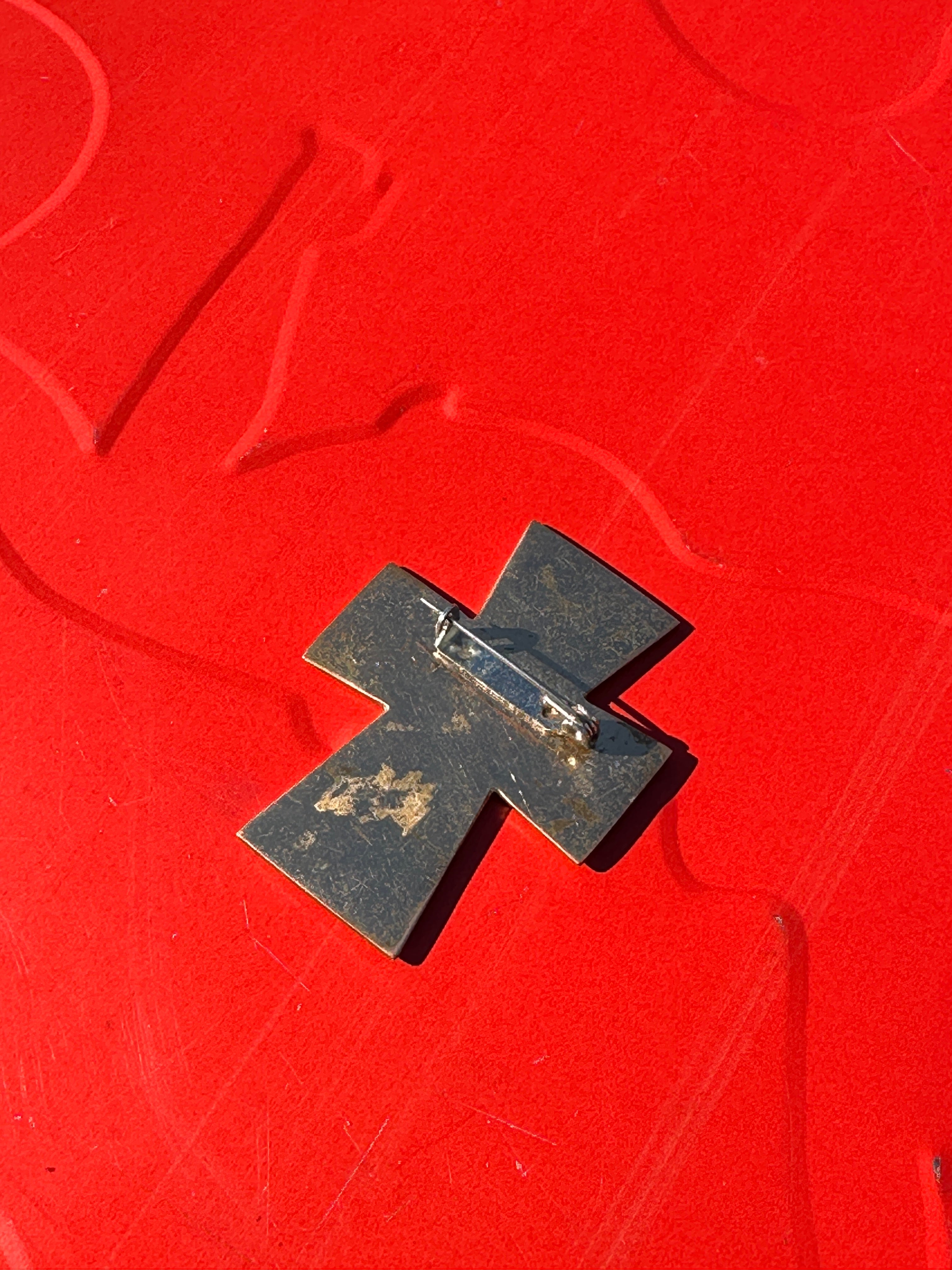 Vintage Modernist Enamel Cross Pin with Abstract Face Design