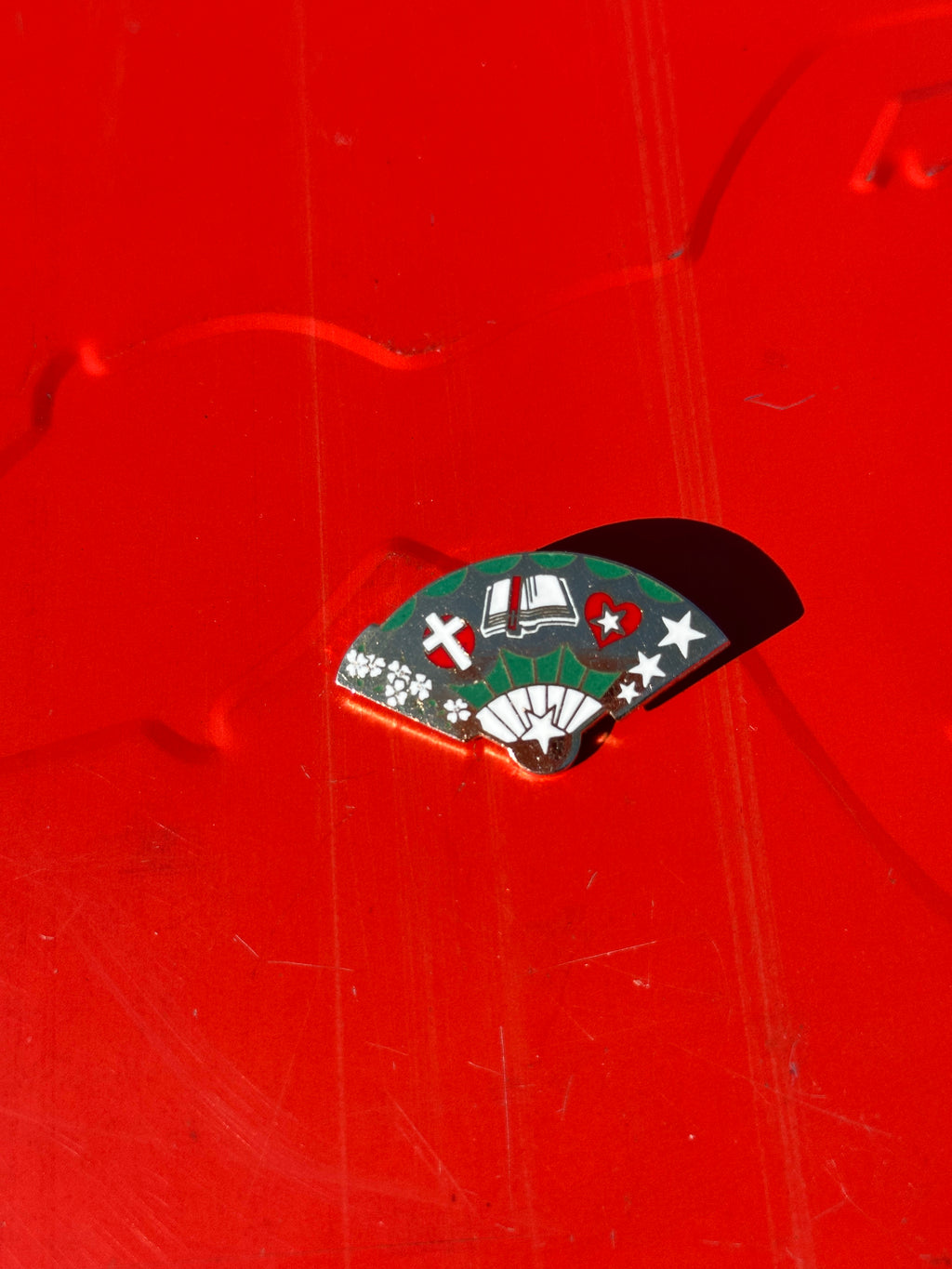 Vintage Cloisonné Fan-Shaped Pin with Cross, Book, and Heart Motifs