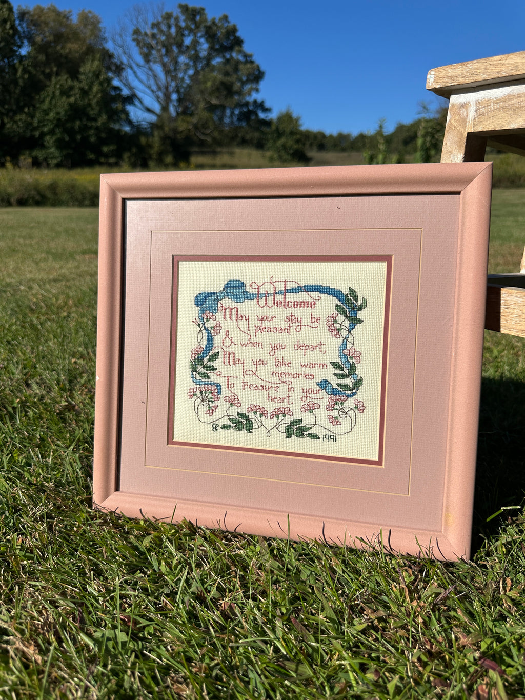 Framed Cross-Stitch “Welcome” Sampler – 1991 Handcrafted vintage Embroidery