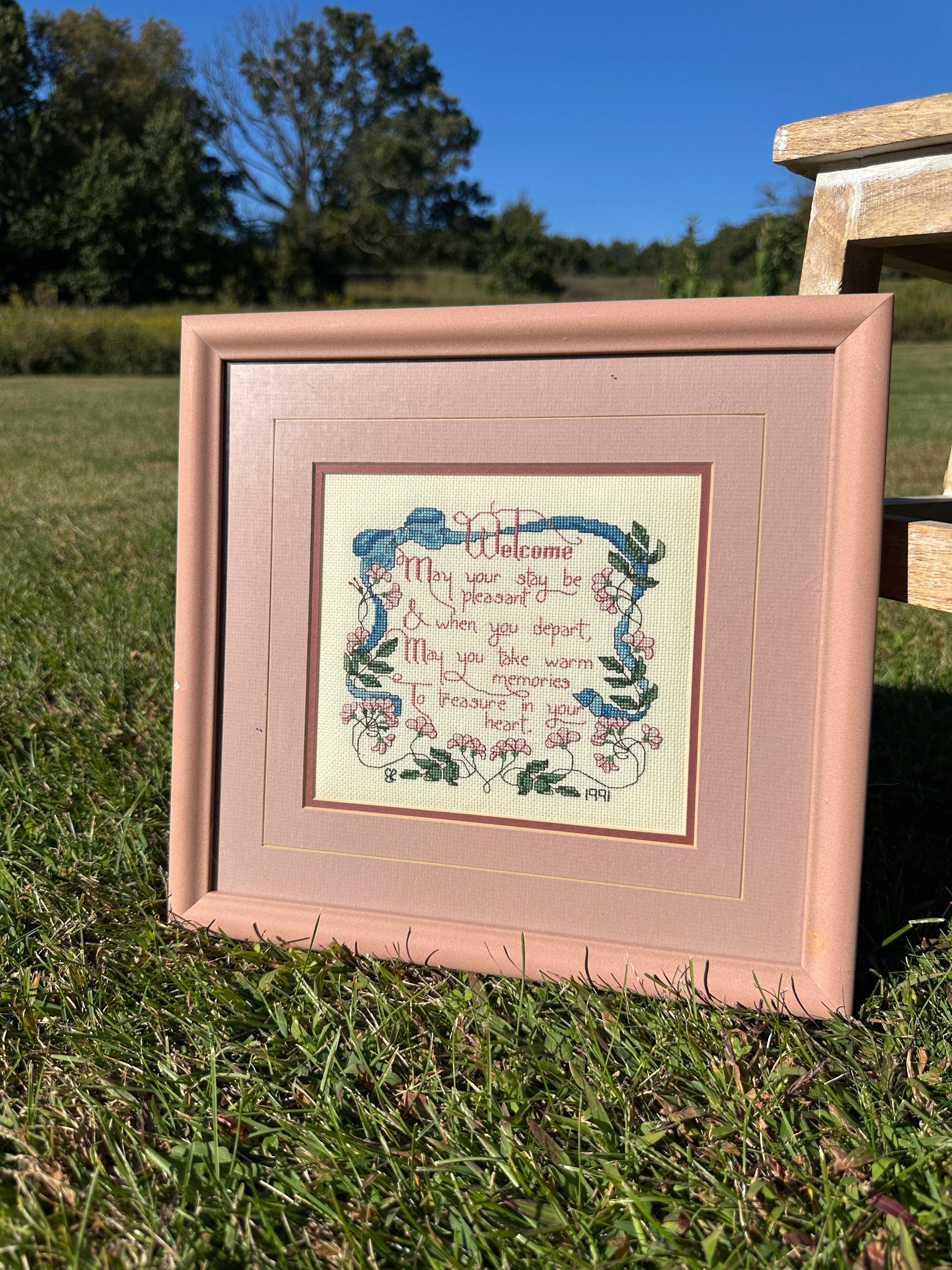 Framed Cross-Stitch “Welcome” Sampler – 1991 Handcrafted vintage Embroidery