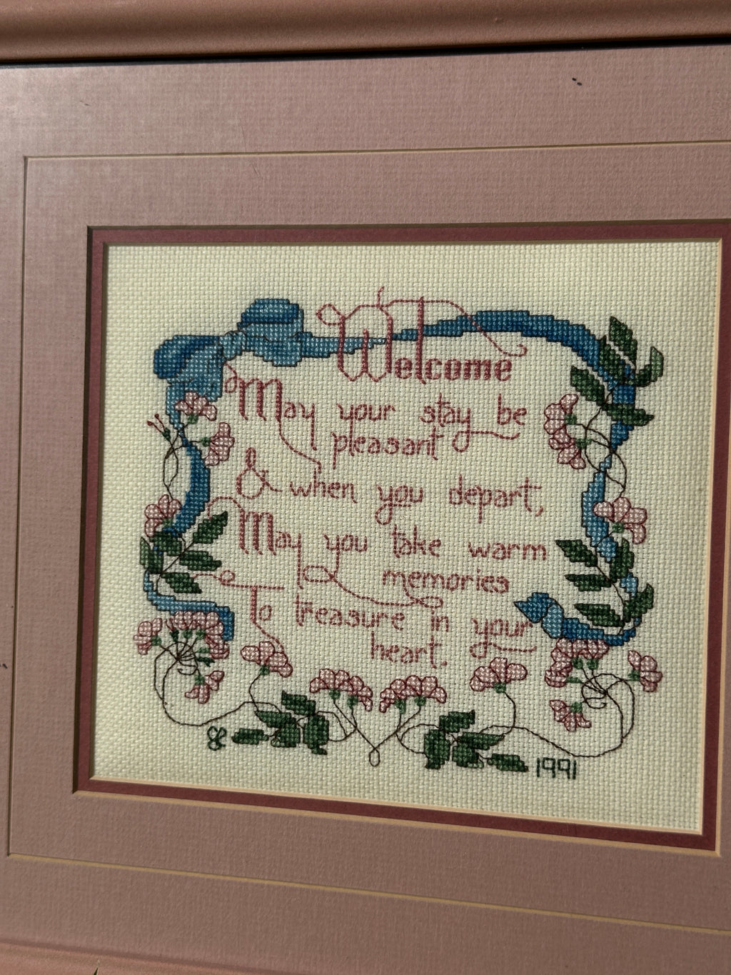 Framed Cross-Stitch “Welcome” Sampler – 1991 Handcrafted vintage Embroidery