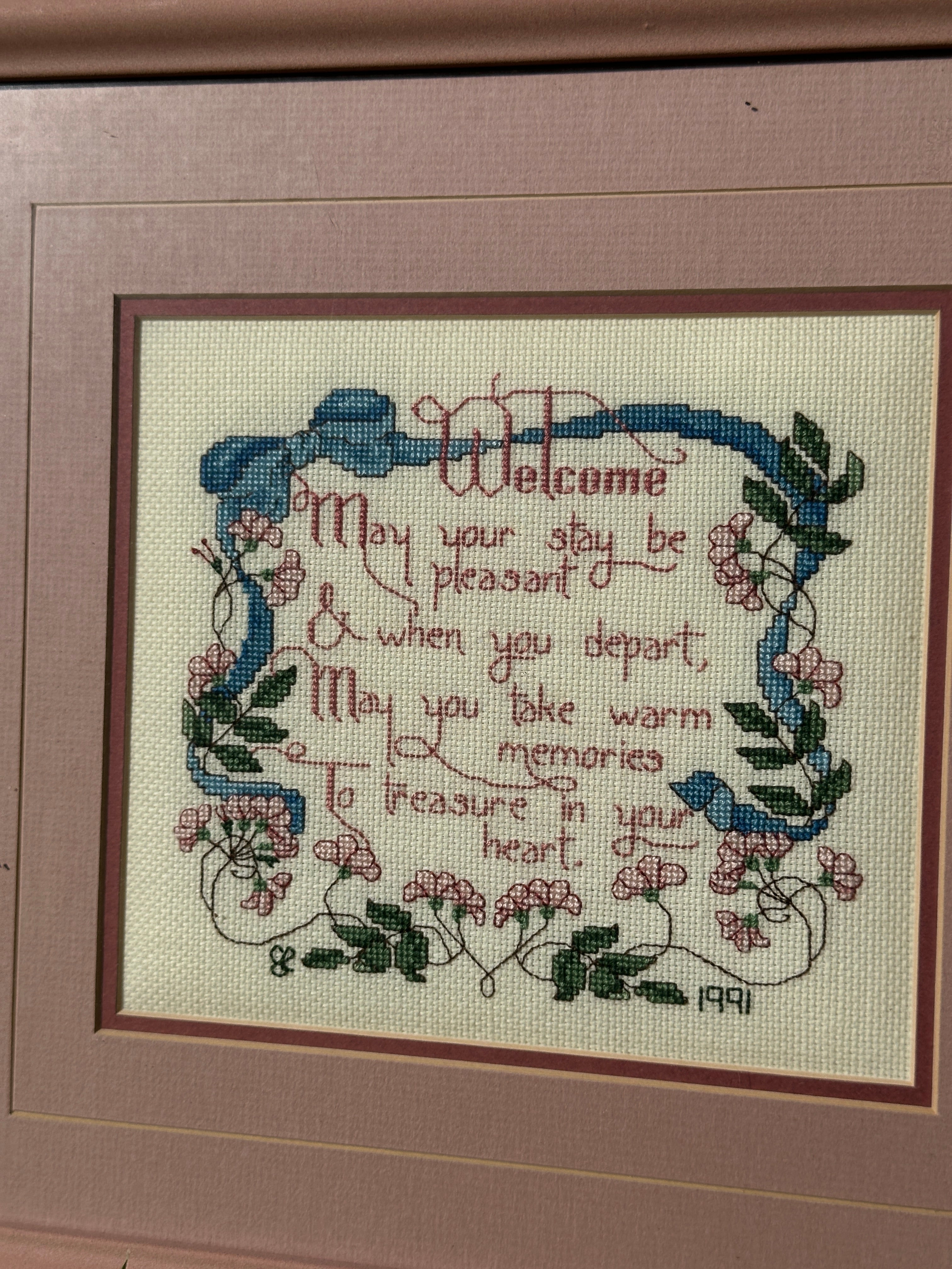 Framed Cross-Stitch “Welcome” Sampler – 1991 Handcrafted vintage Embroidery