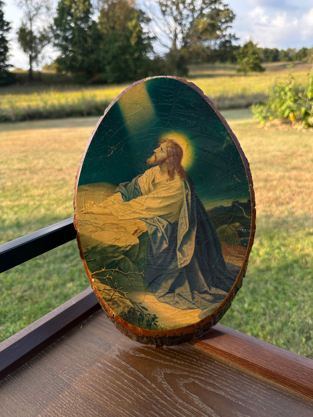 Jesus Wood Slice Wall Art – Praying Jesus Religious Vintage Plaque