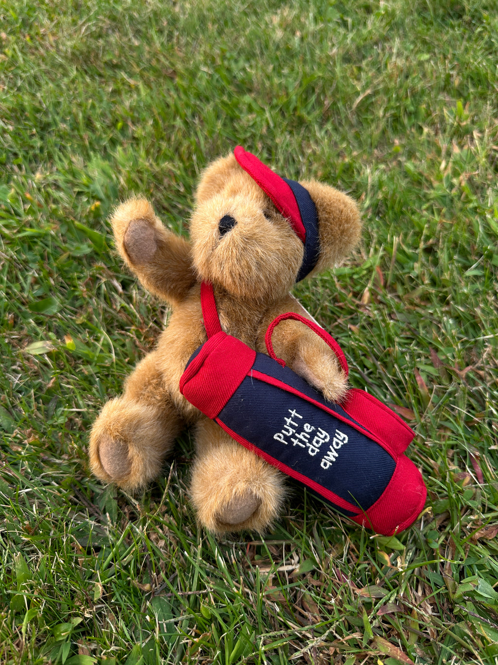 Teddy Bear Vintage Plush with Golf Bag & Cap – “Putt the Day Away” Golfing Teddy