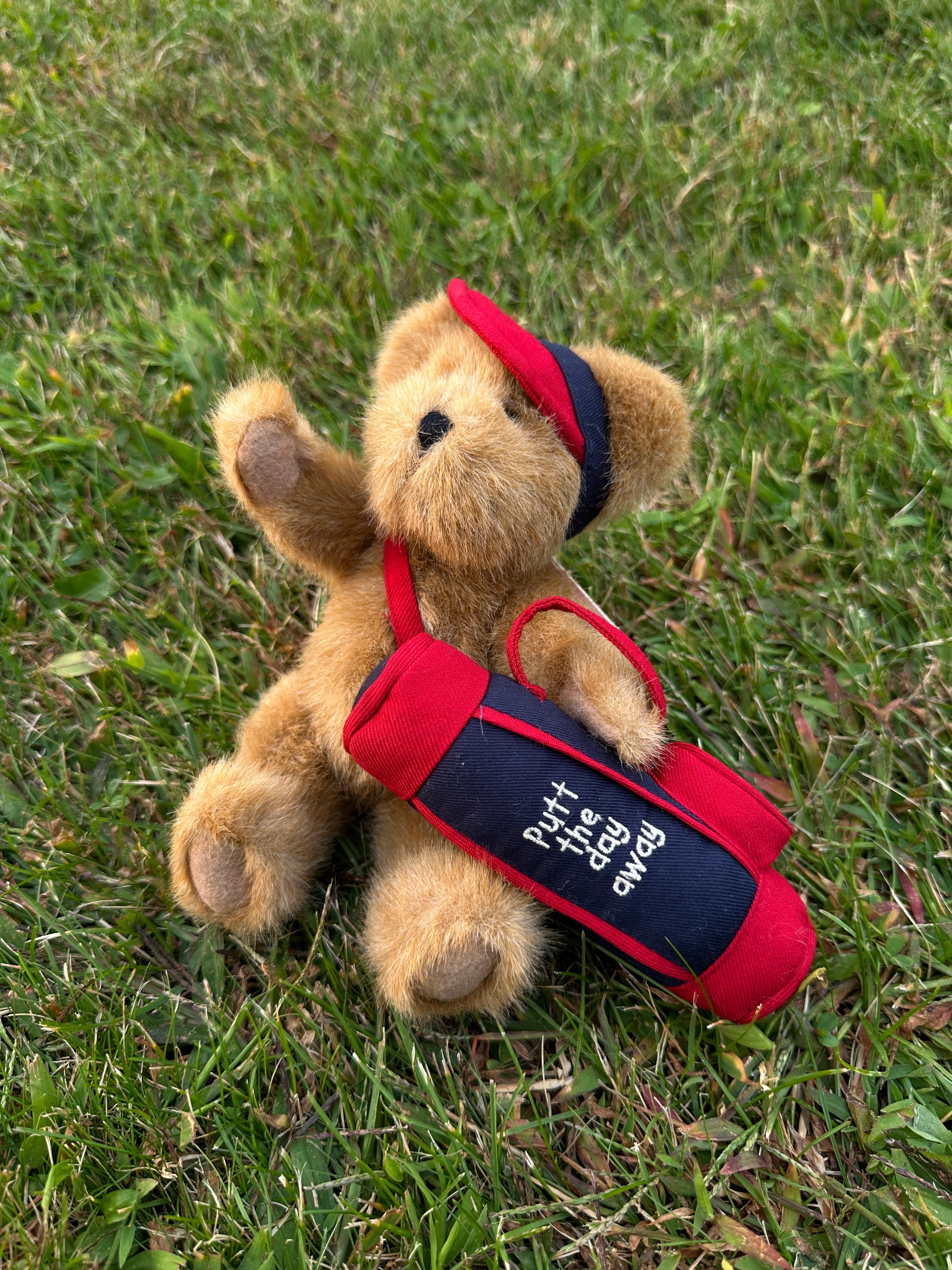 Teddy Bear Vintage Plush with Golf Bag & Cap – “Putt the Day Away” Golfing Teddy
