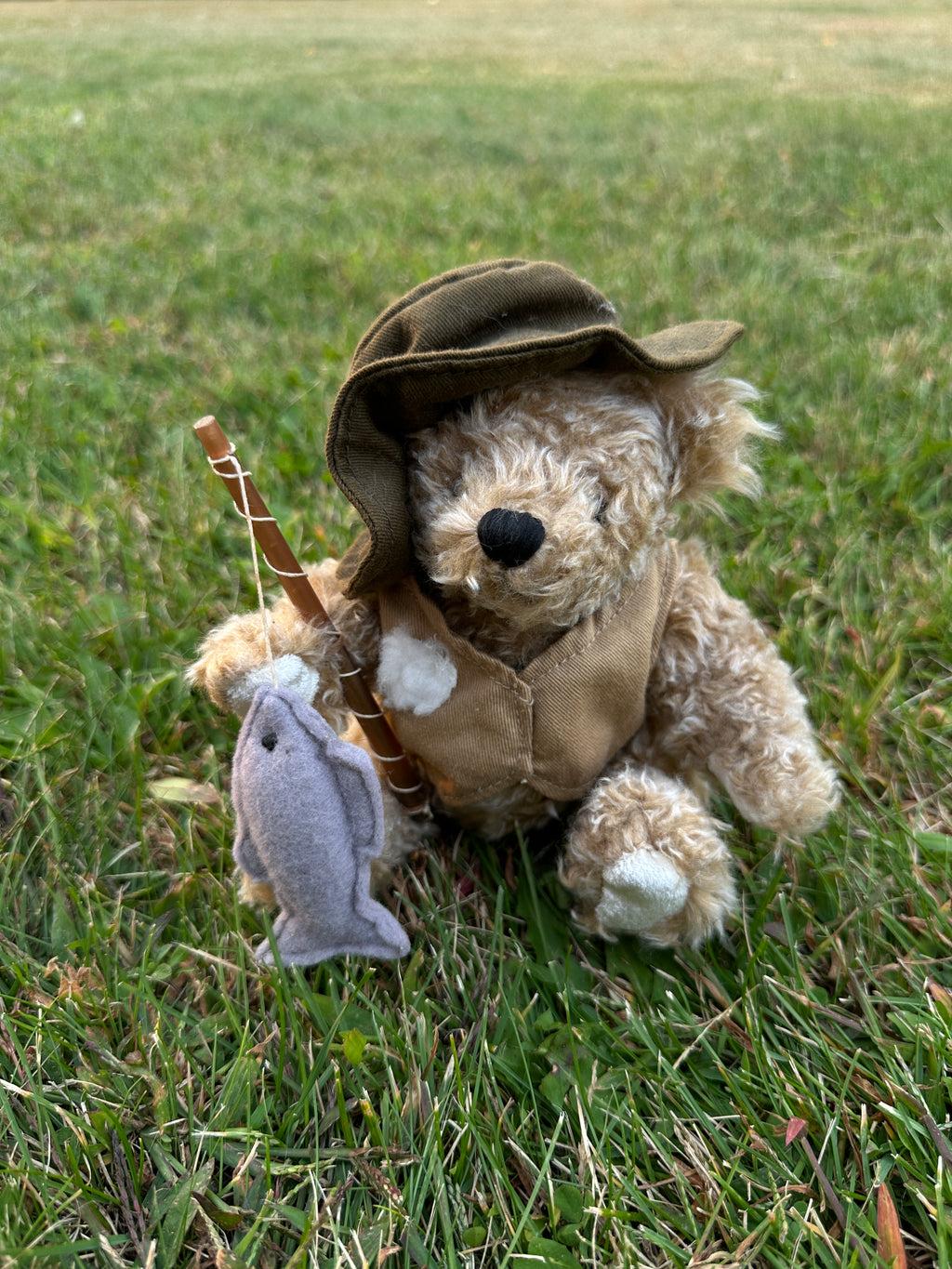 Teddy Bear - Vintage Plush with Fishing Rod and Felt Fish