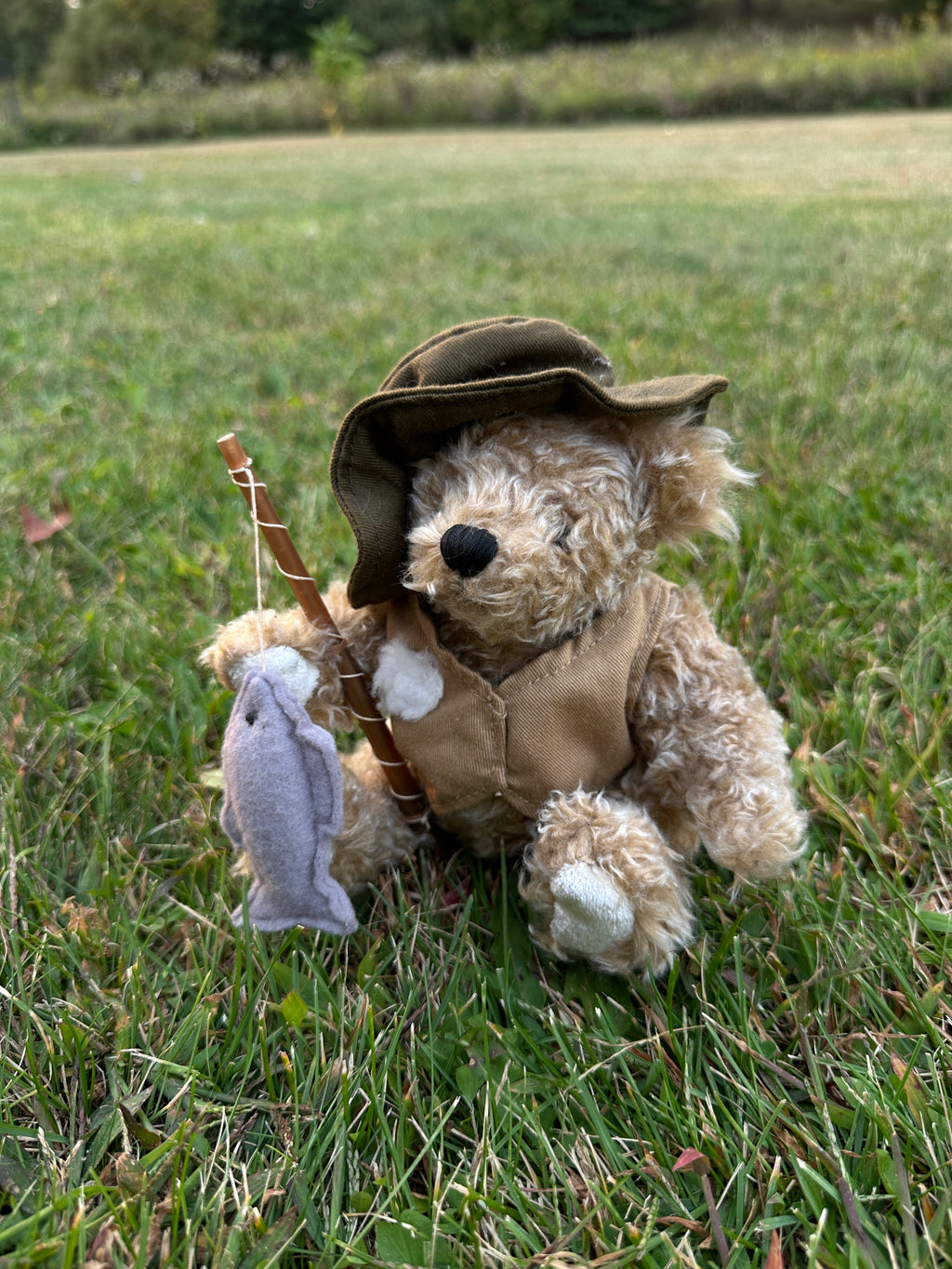 Teddy Bear - Vintage Plush with Fishing Rod and Felt Fish
