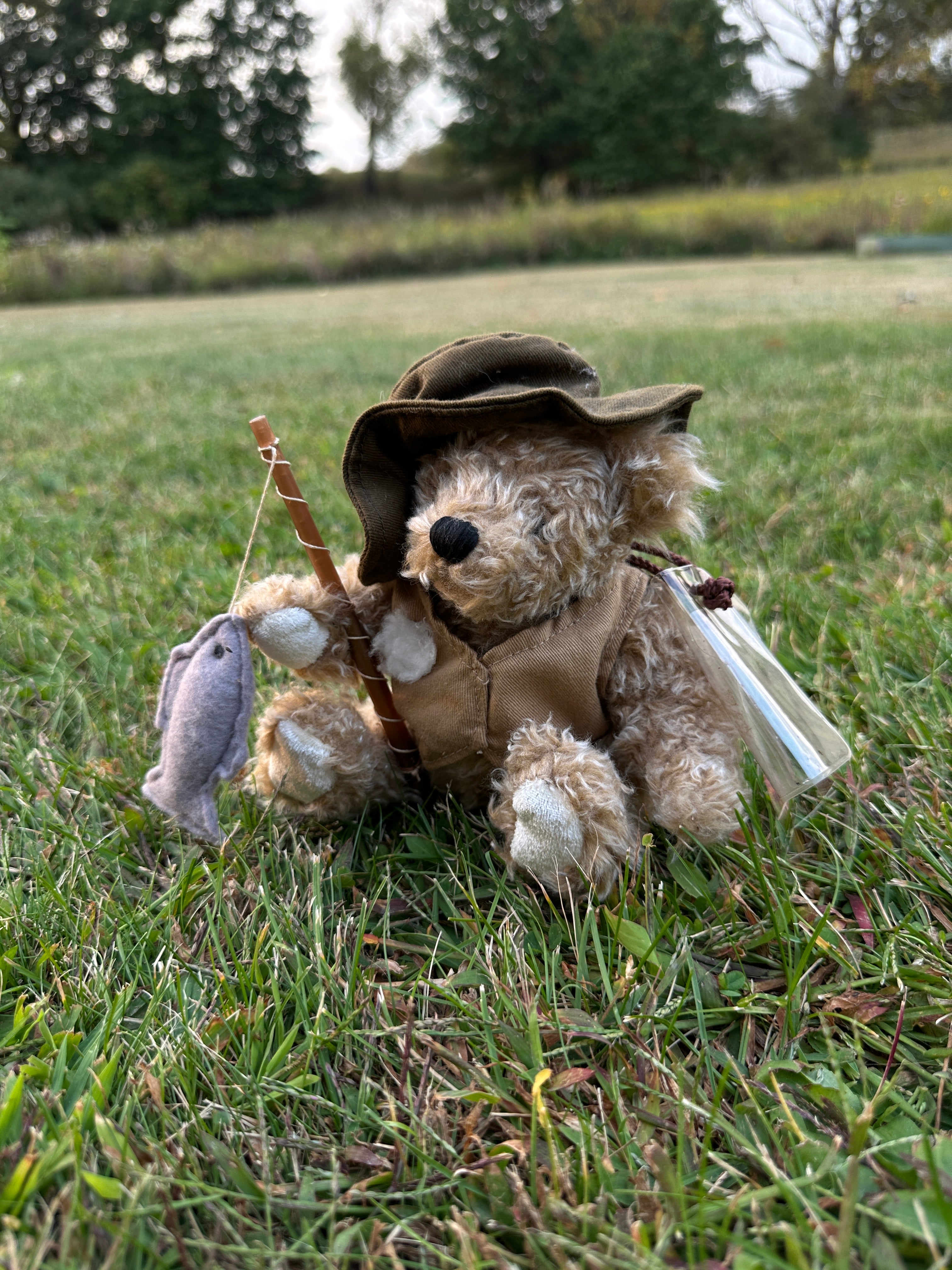 Teddy Bear - Vintage Plush with Fishing Rod and Felt Fish