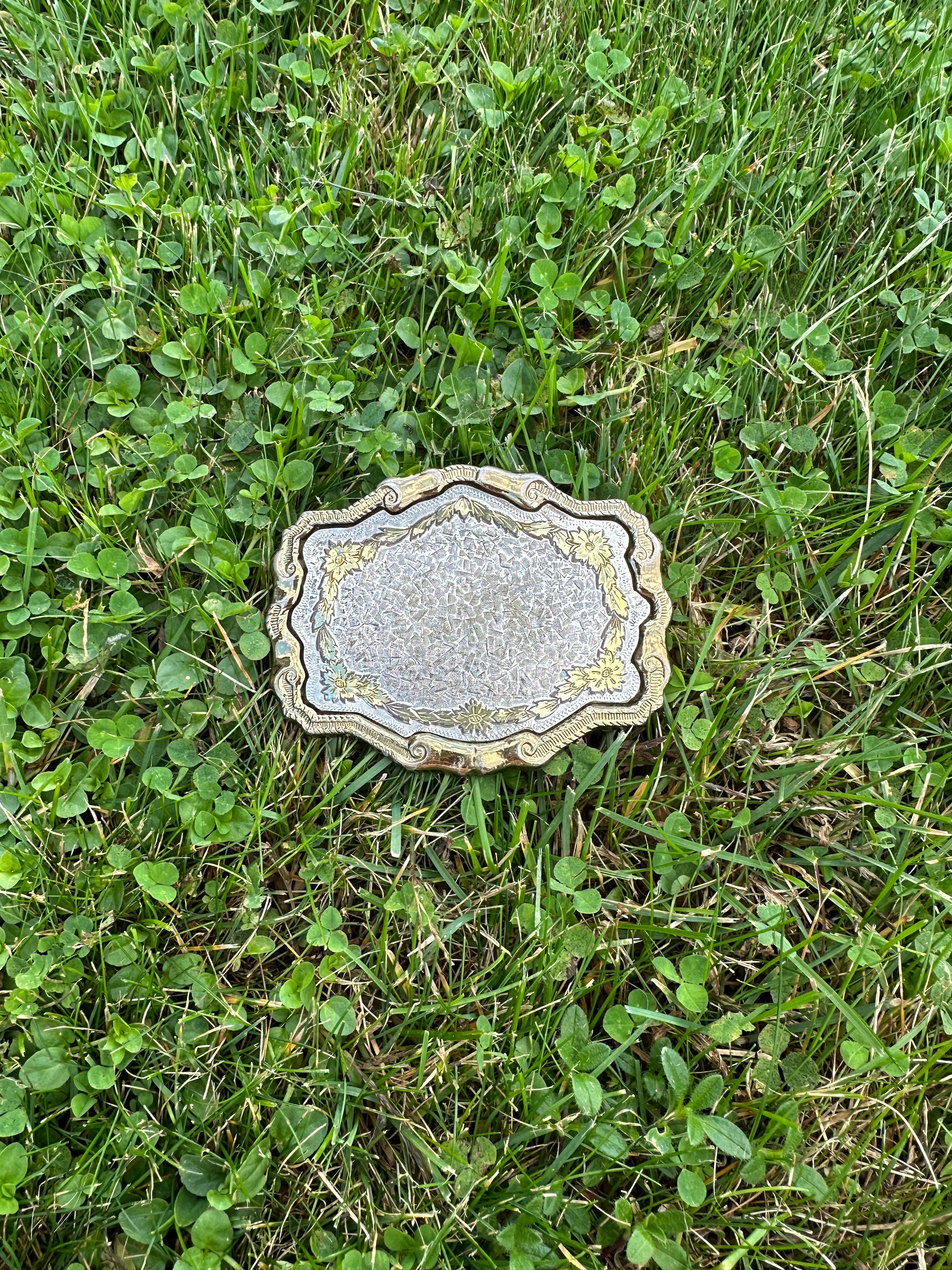 Vintage Ornate Brass and Silver Belt Buckle with Floral Design