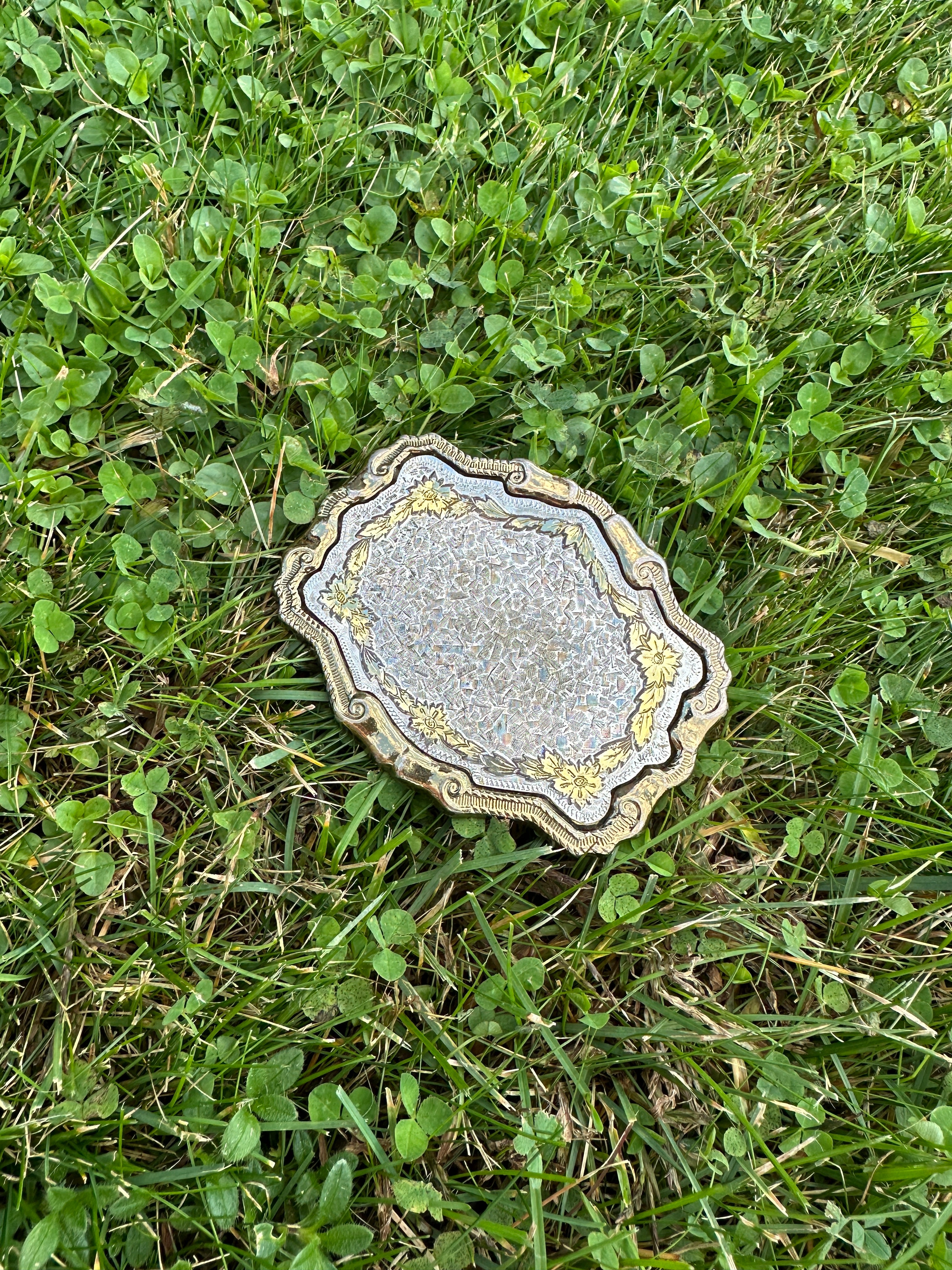 Vintage Ornate Brass and Silver Belt Buckle with Floral Design