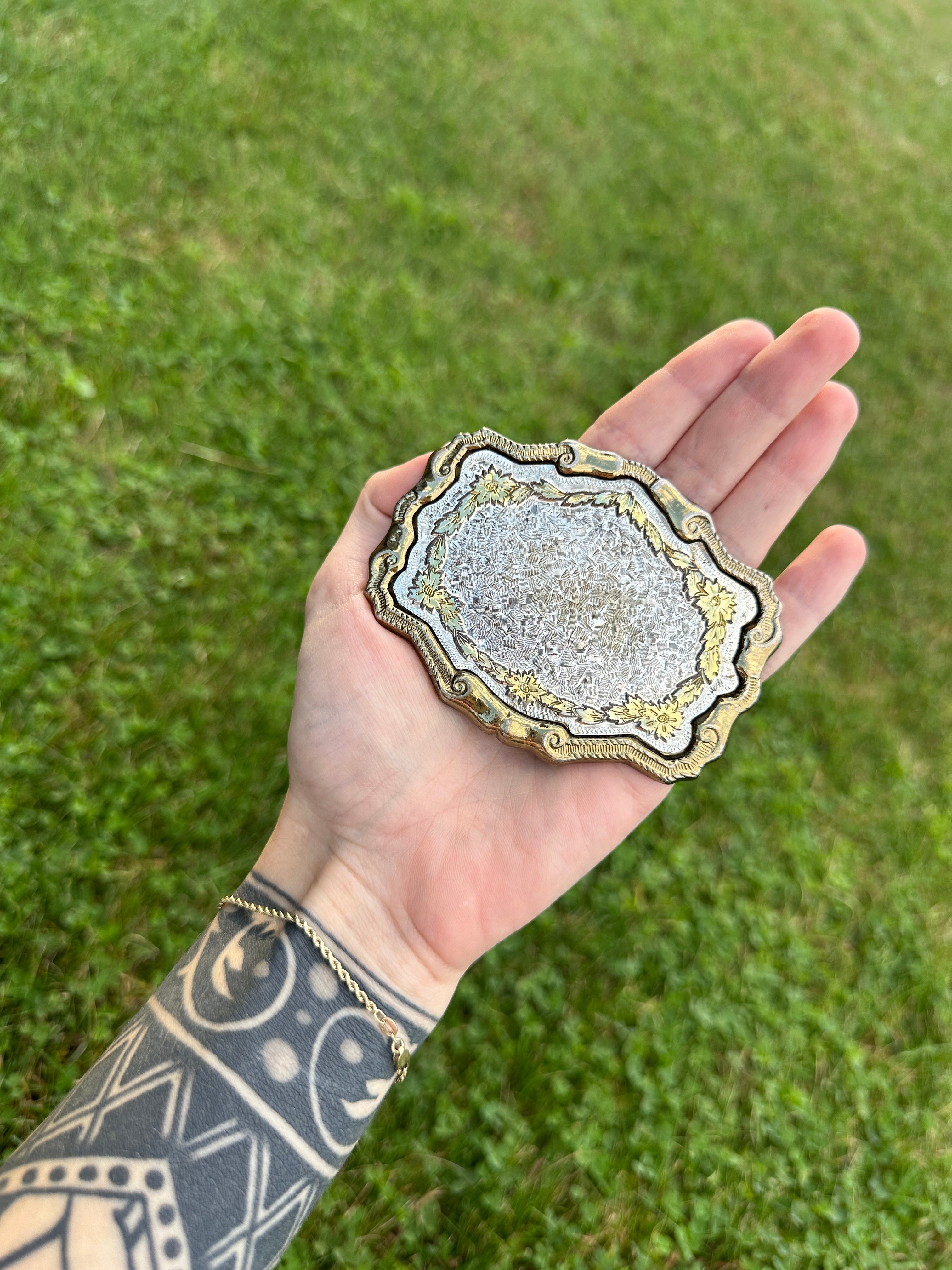 Vintage Ornate Brass and Silver Belt Buckle with Floral Design