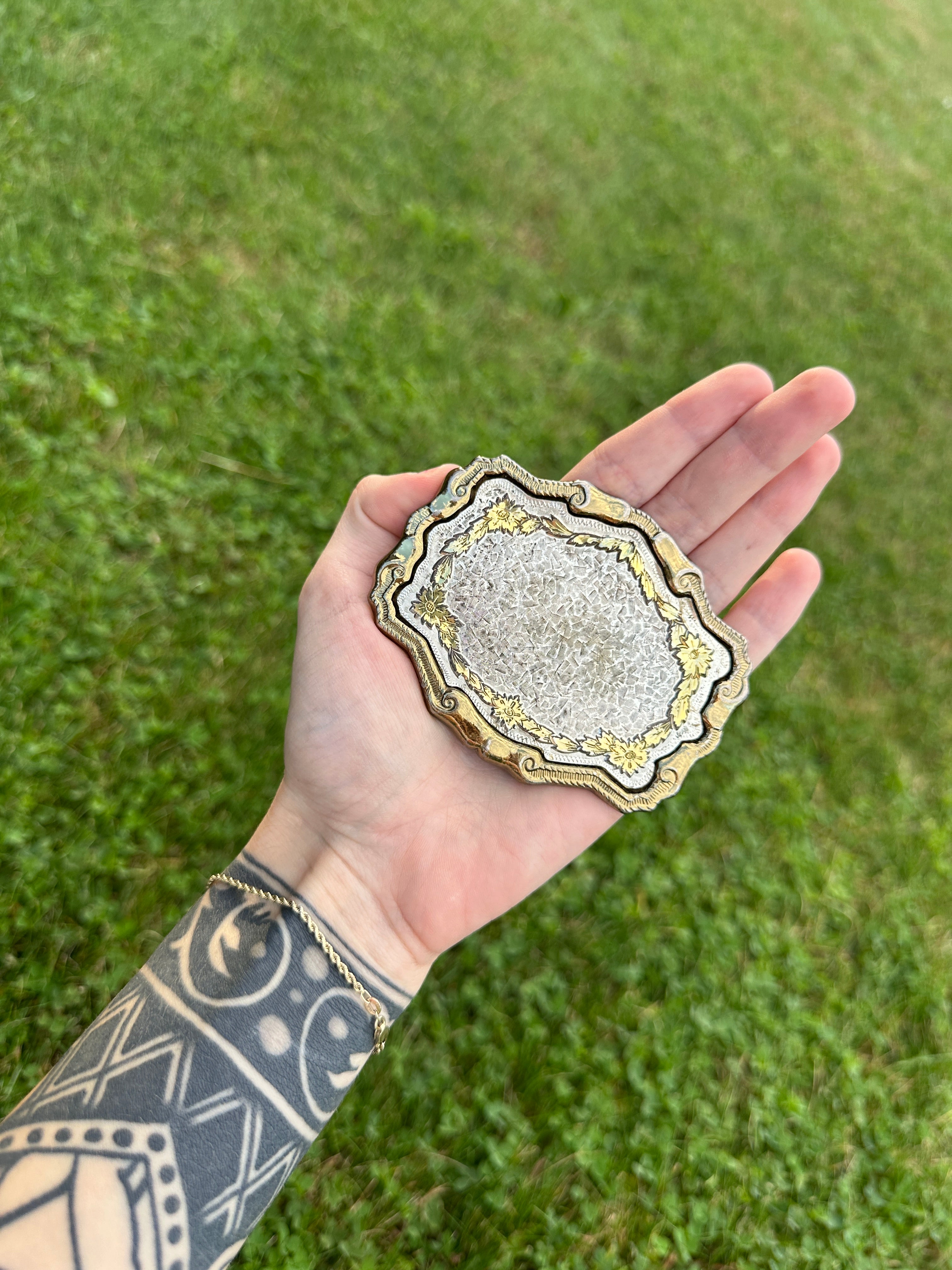 Vintage Ornate Brass and Silver Belt Buckle with Floral Design