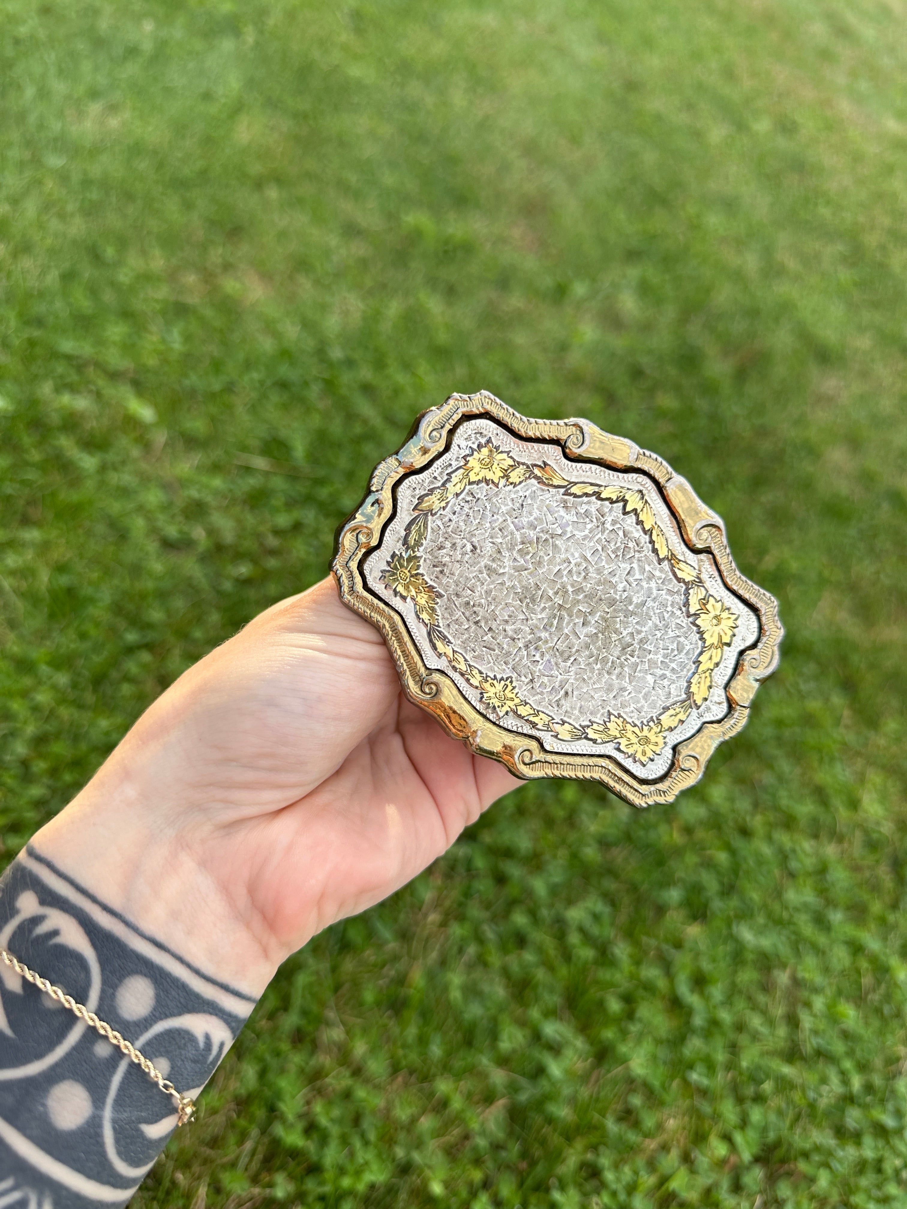 Vintage Ornate Brass and Silver Belt Buckle with Floral Design