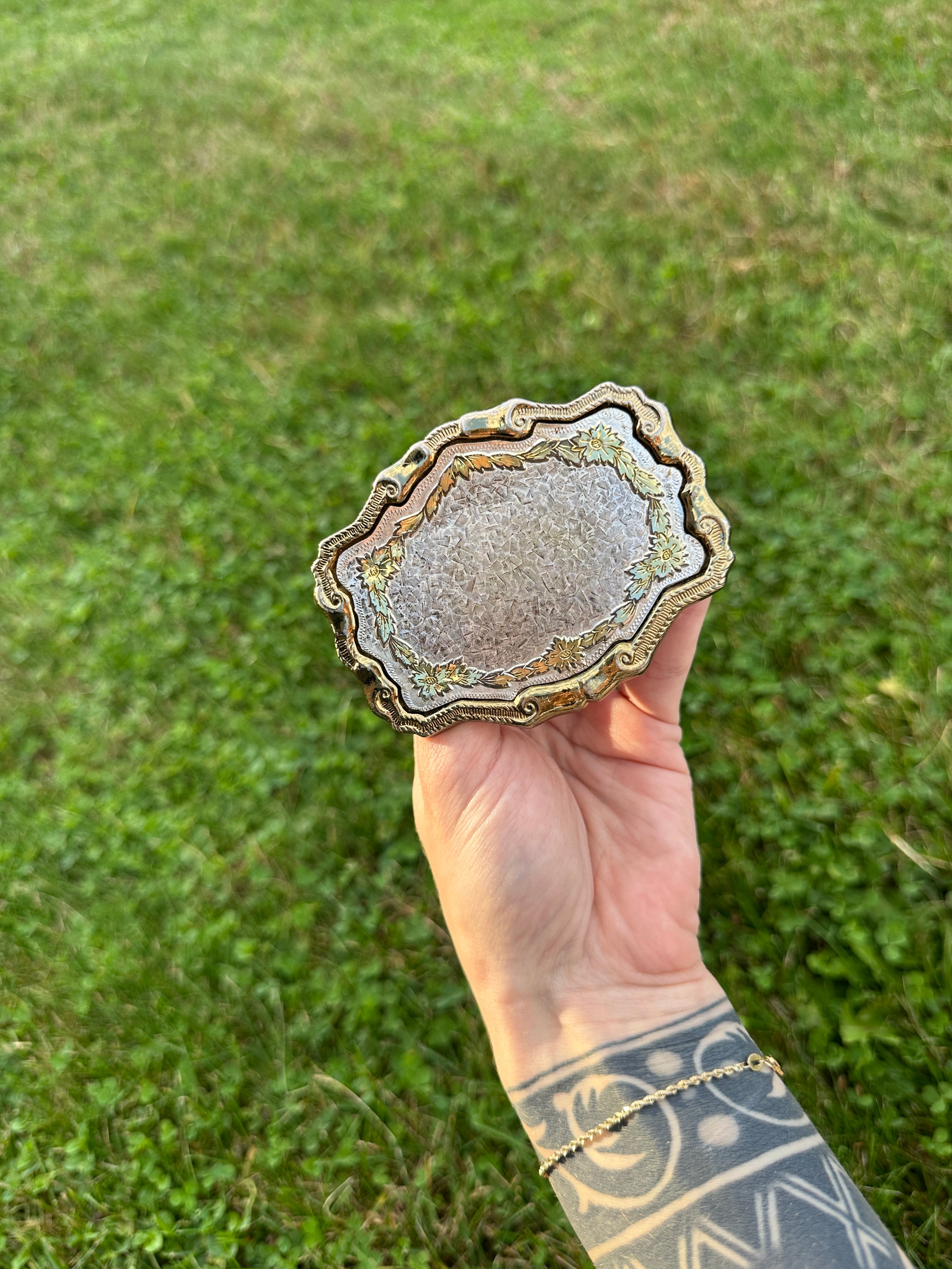 Vintage Ornate Brass and Silver Belt Buckle with Floral Design