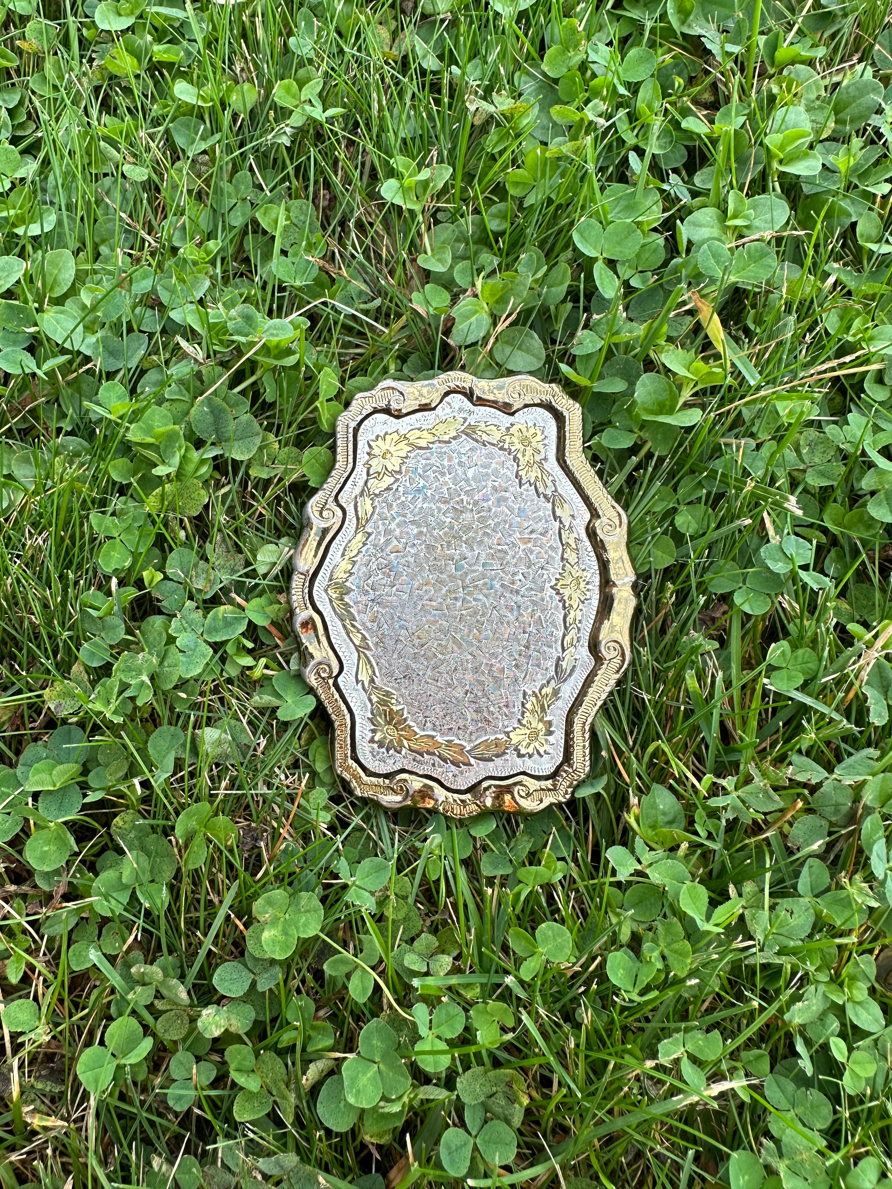 Vintage Ornate Brass and Silver Belt Buckle with Floral Design