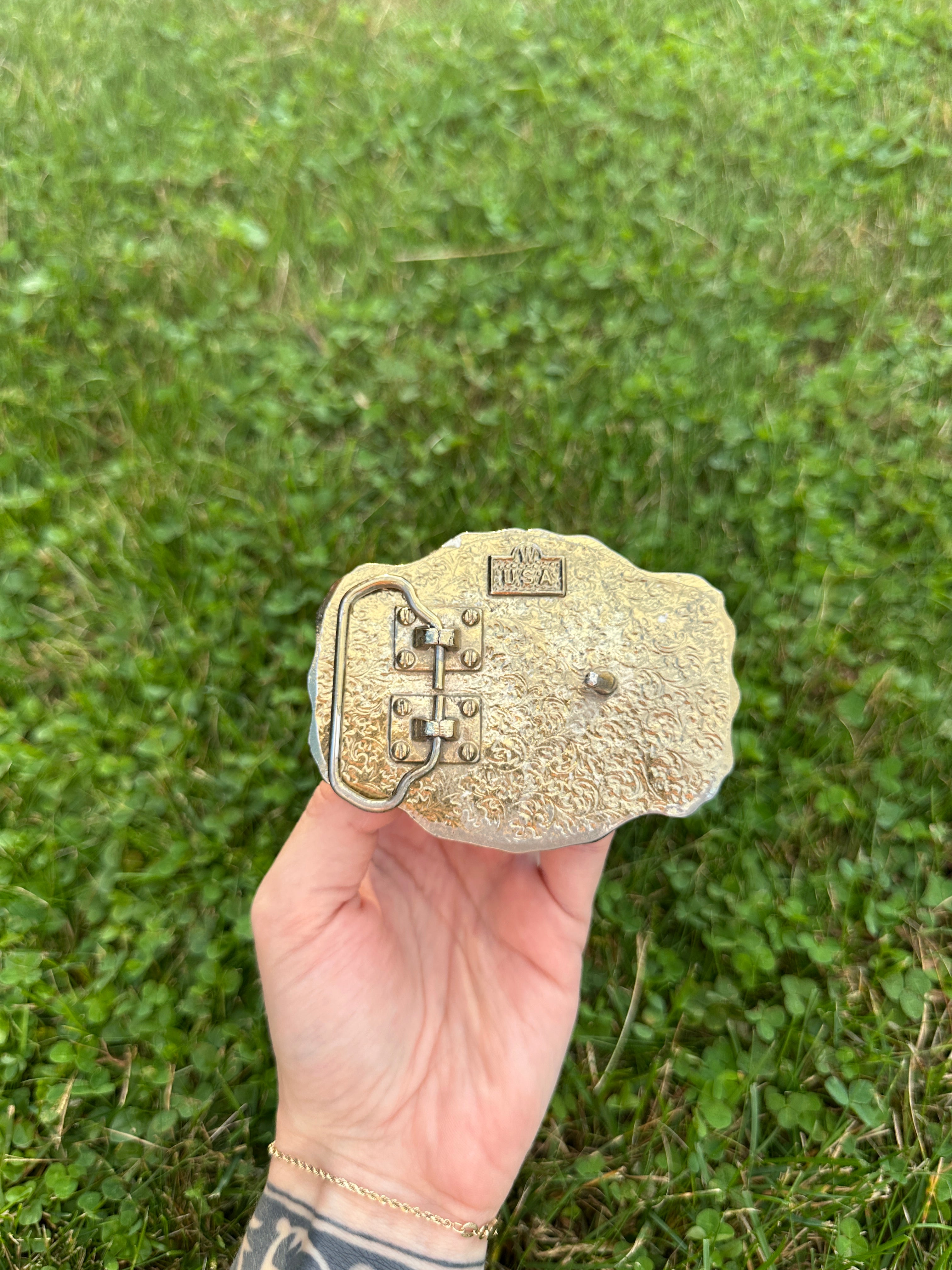 Vintage Ornate Brass and Silver Belt Buckle with Floral Design