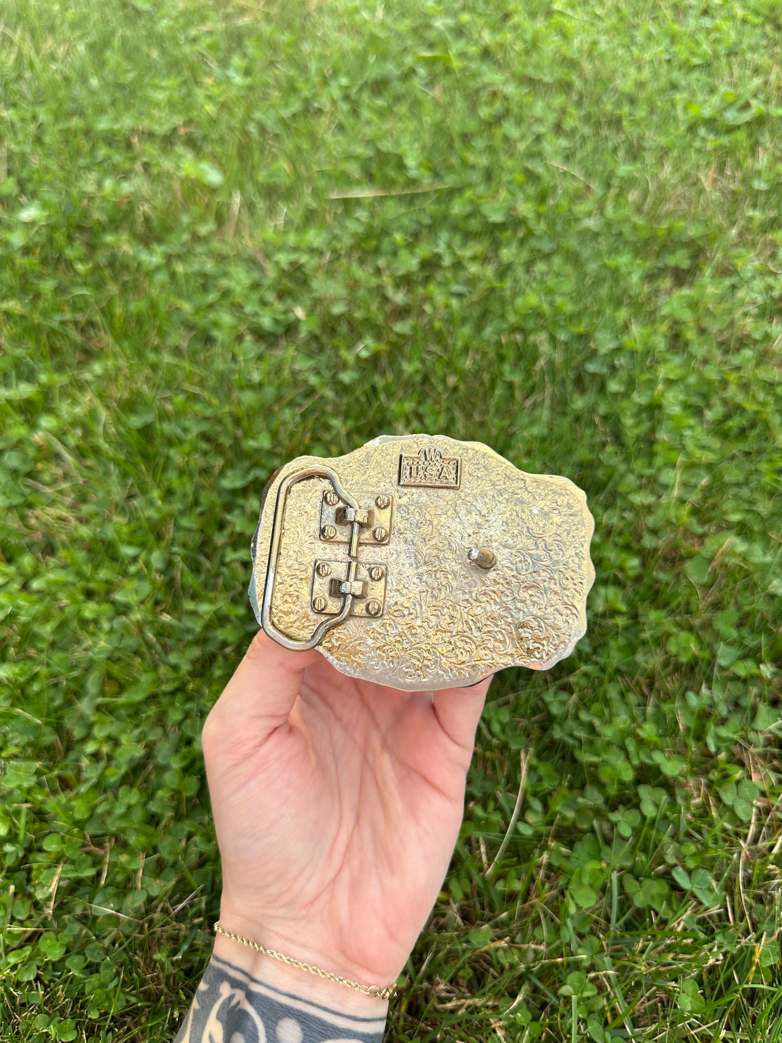 Vintage Ornate Brass and Silver Belt Buckle with Floral Design