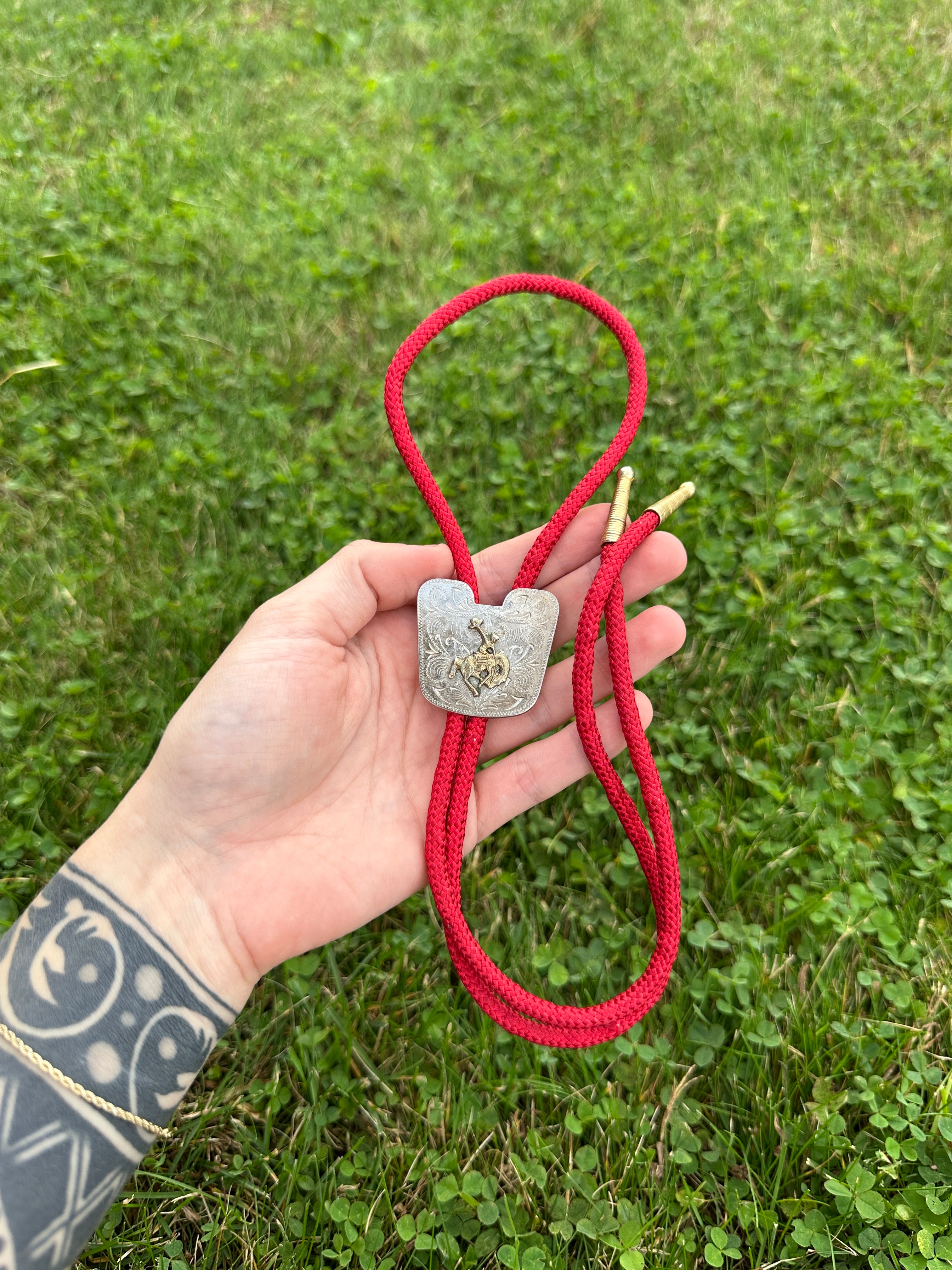 Bolo Tie Vintage Western with Red Braided Cord and Silver Cowboy Slide