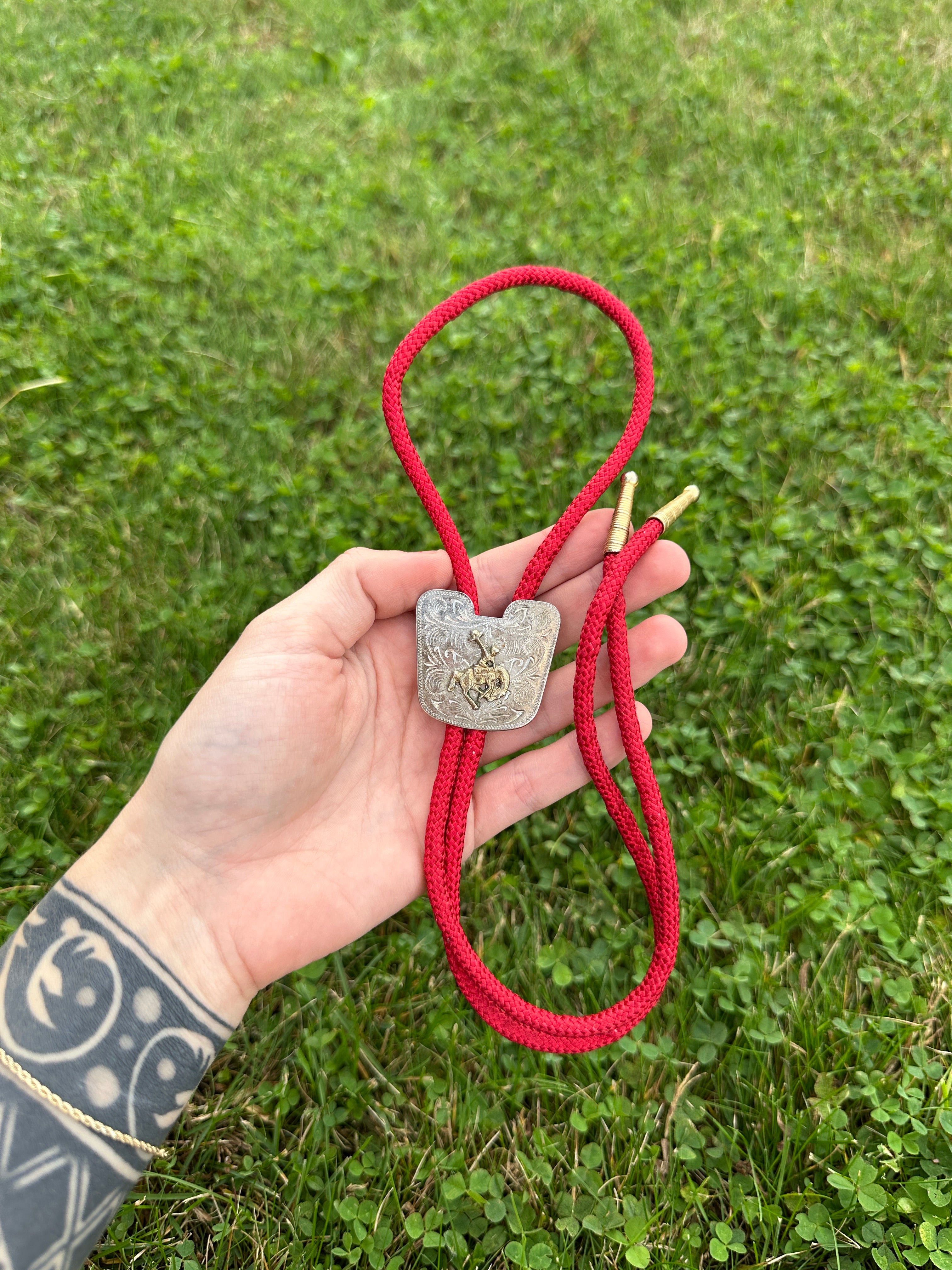 Bolo Tie Vintage Western with Red Braided Cord and Silver Cowboy Slide