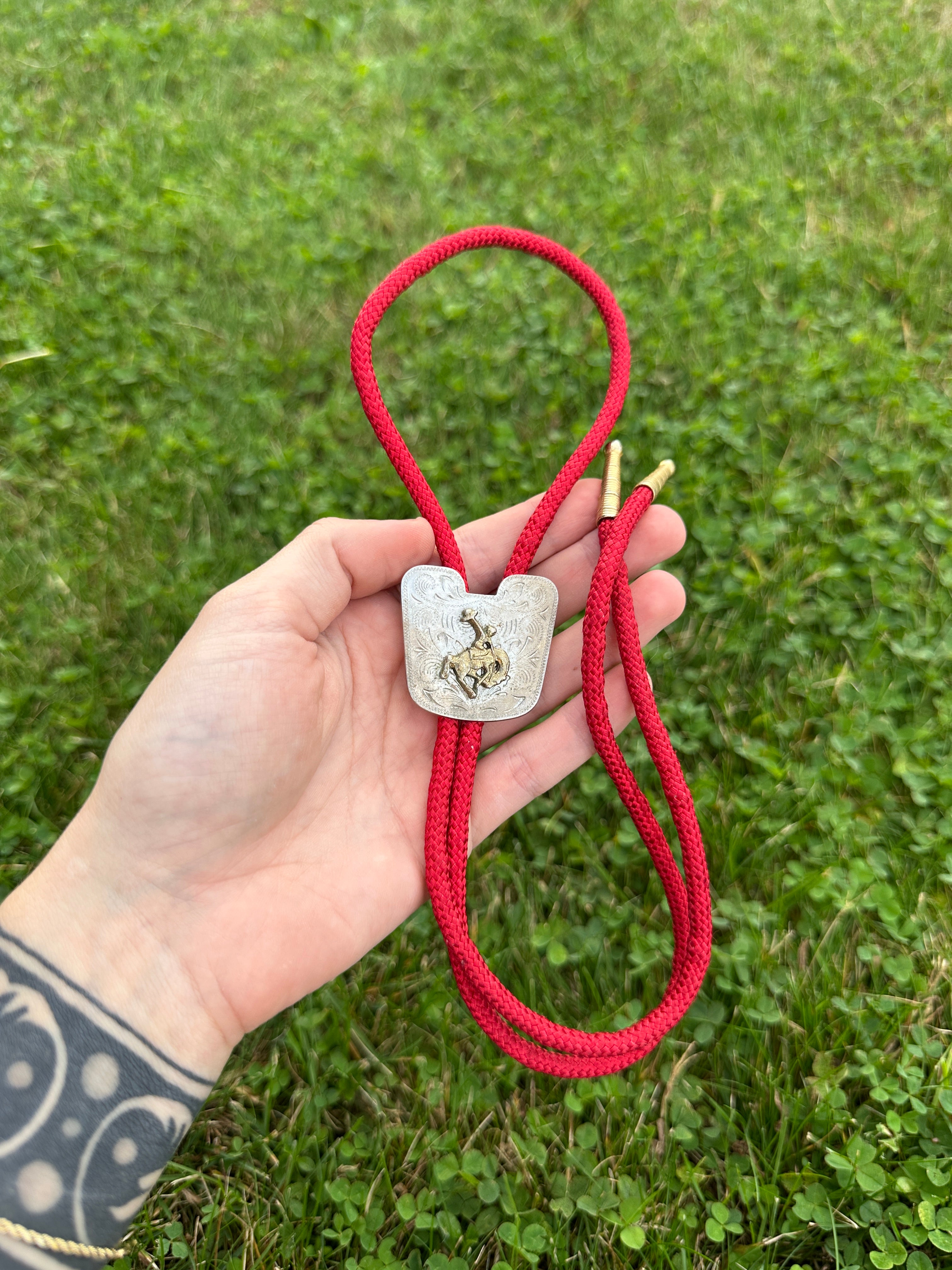 Bolo Tie Vintage Western with Red Braided Cord and Silver Cowboy Slide