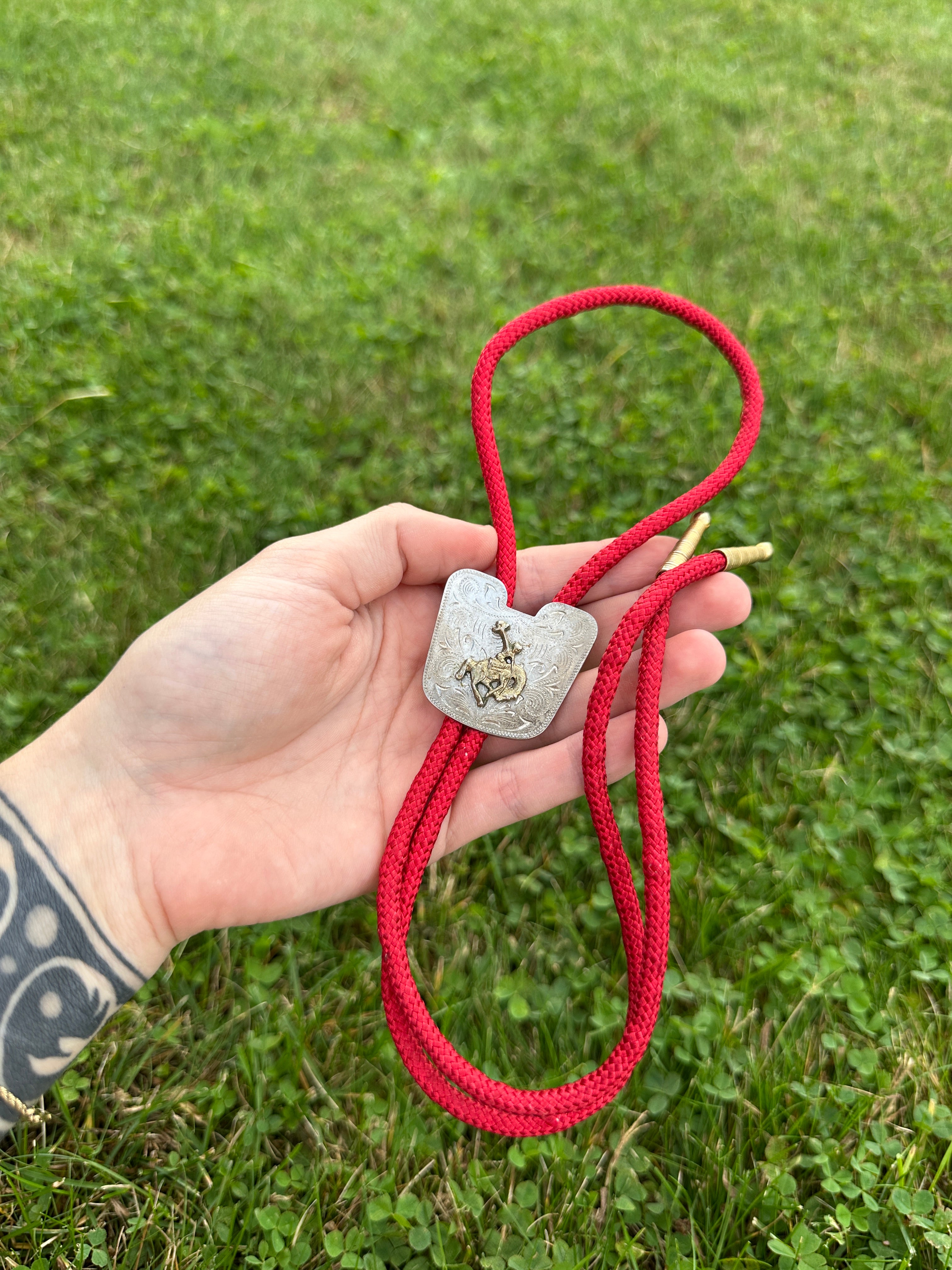 Bolo Tie Vintage Western with Red Braided Cord and Silver Cowboy Slide