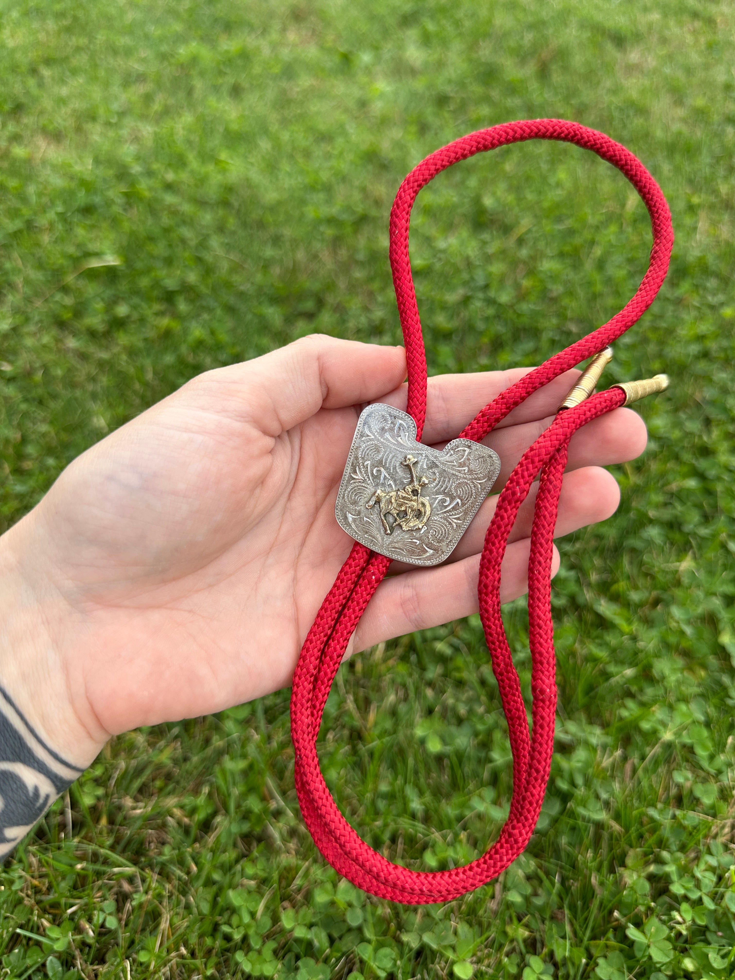 Bolo Tie Vintage Western with Red Braided Cord and Silver Cowboy Slide