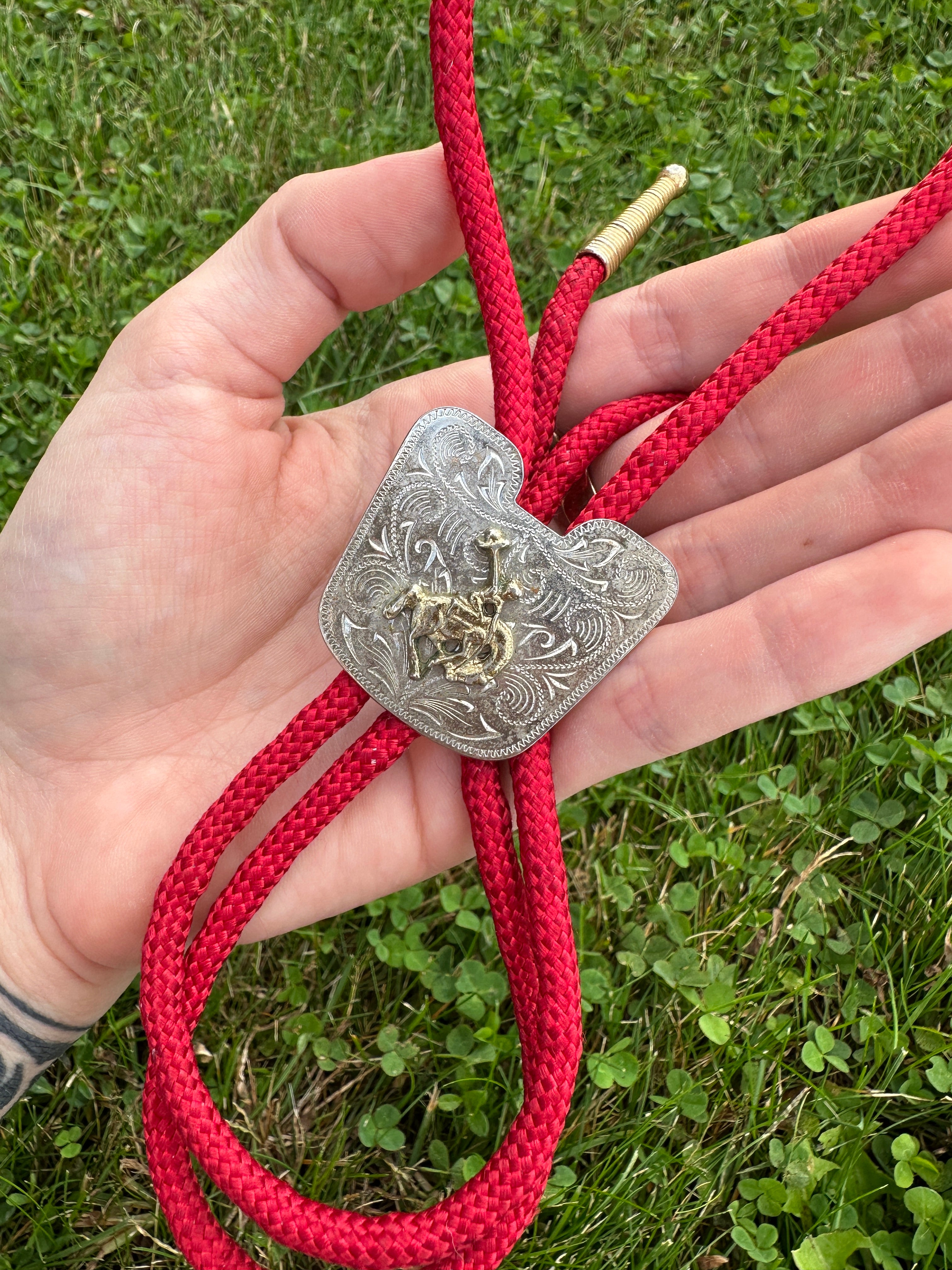 Bolo Tie Vintage Western with Red Braided Cord and Silver Cowboy Slide