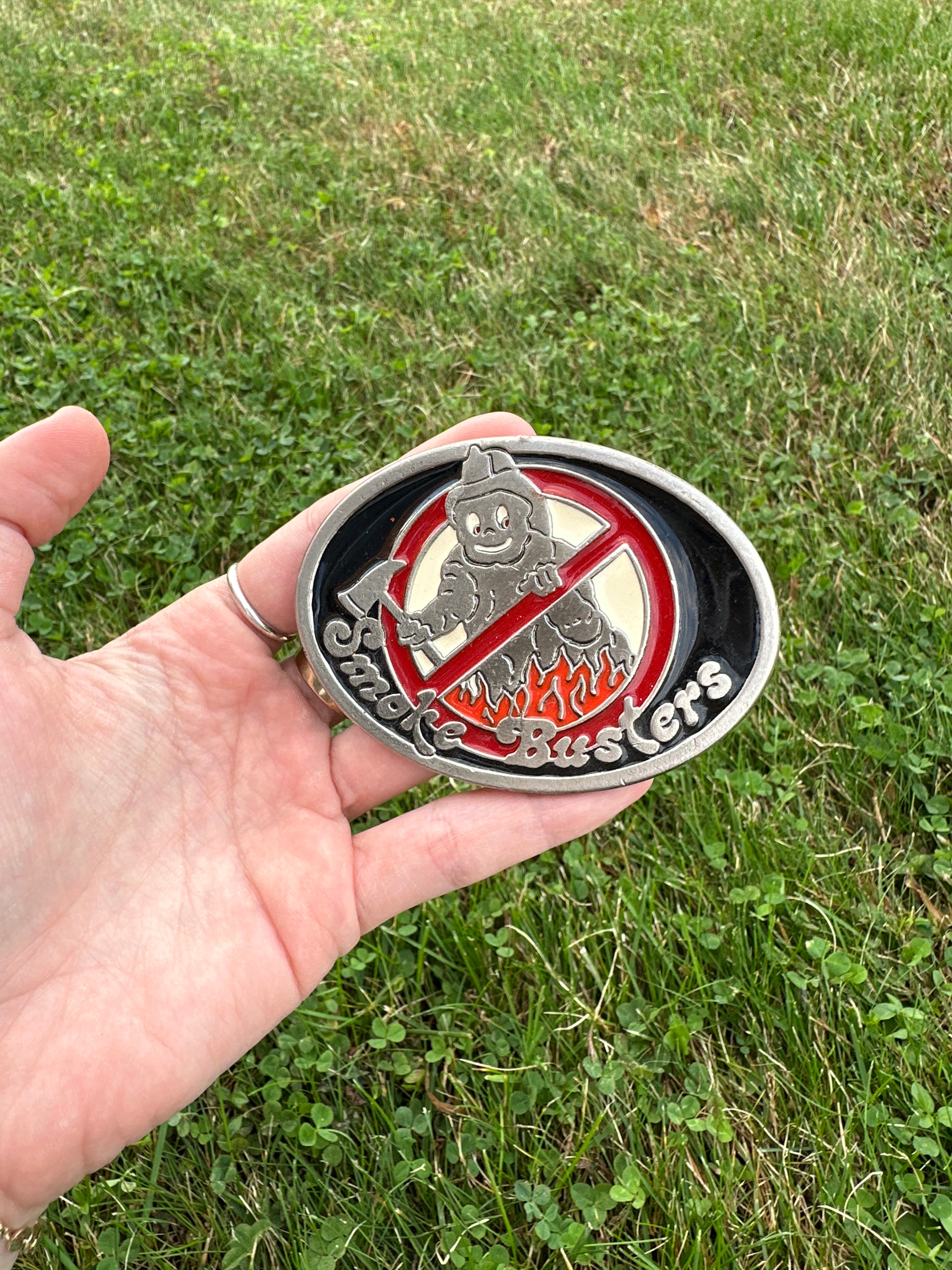 Vintage SMOKE BUSTERS Belt Buckle Fireman Firefighter Enamel Pewter Western Cowboy Mens Accessory Unique Rare PanchosPorch