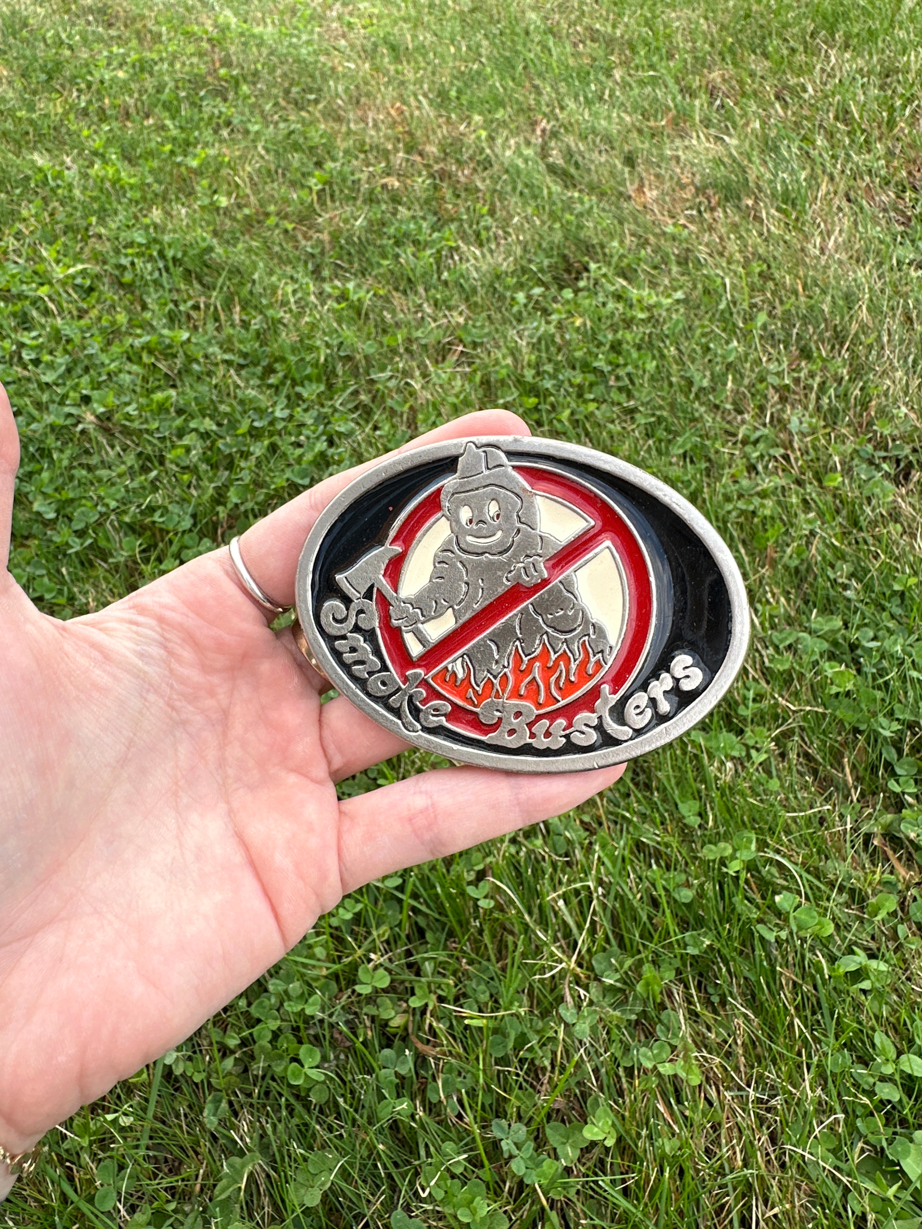 Vintage SMOKE BUSTERS Belt Buckle Fireman Firefighter Enamel Pewter Western Cowboy Mens Accessory Unique Rare PanchosPorch