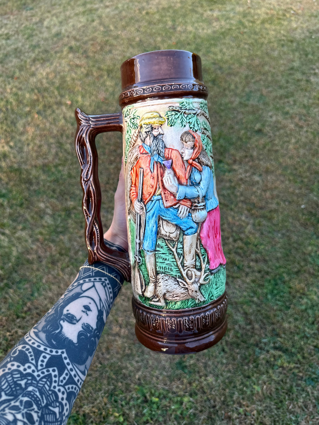 German-Style Antique Beer Stein with Hand-Painted Relief Scene – Rustic Couple Design, 12”