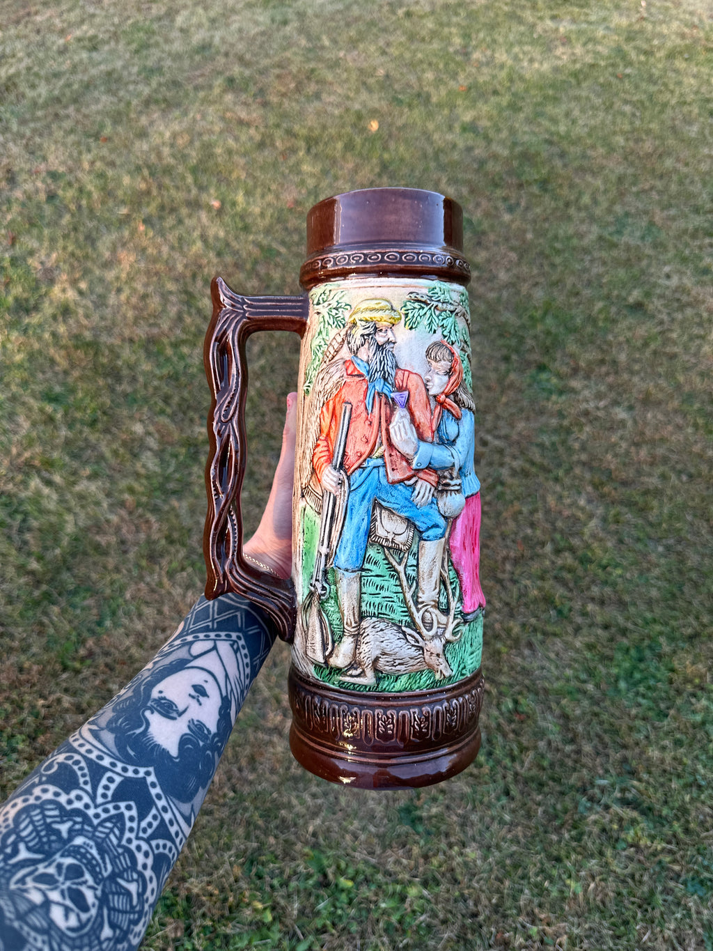 German-Style Antique Beer Stein with Hand-Painted Relief Scene – Rustic Couple Design, 12”