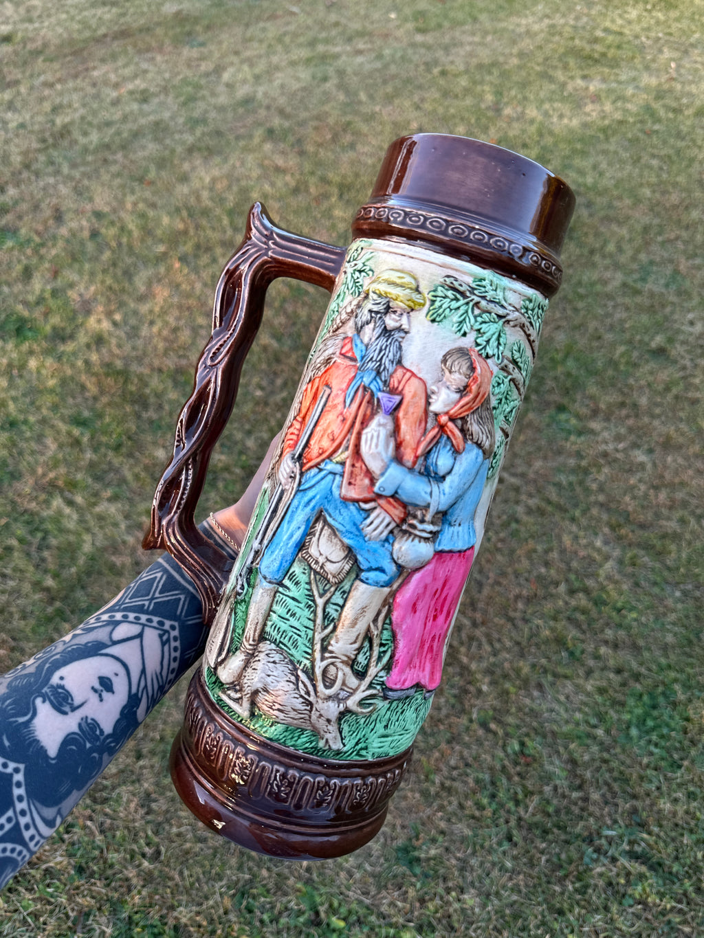 German-Style Antique Beer Stein with Hand-Painted Relief Scene – Rustic Couple Design, 12”