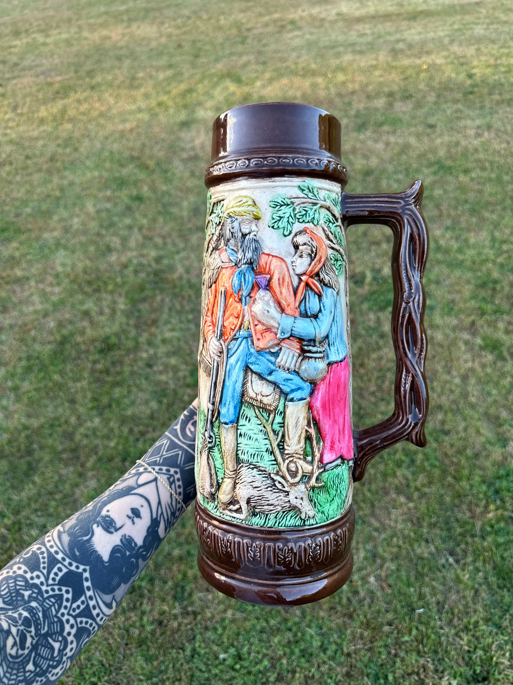 German-Style Antique Beer Stein with Hand-Painted Relief Scene – Rustic Couple Design, 12”