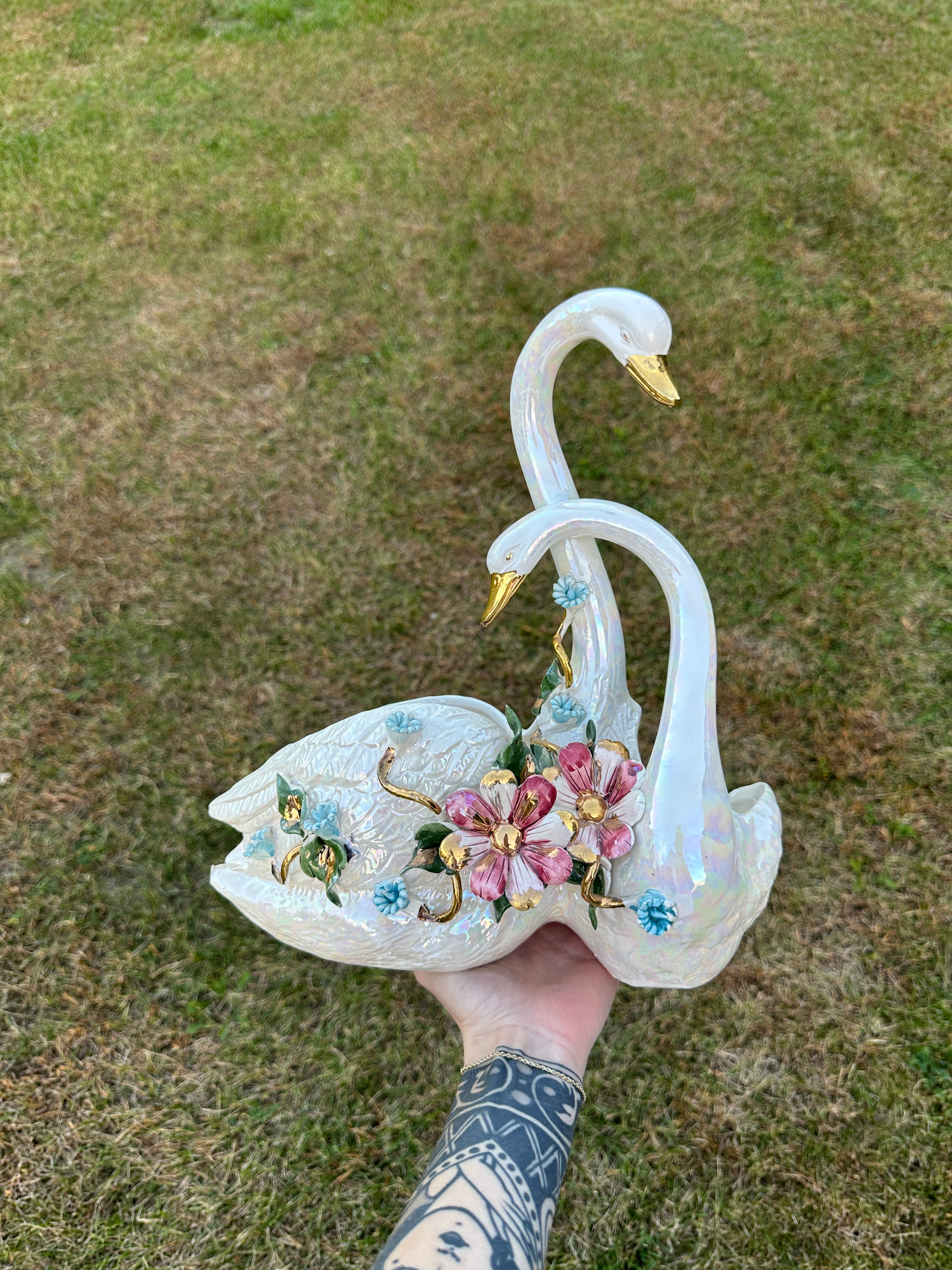 Vintage Iridescent Porcelain Swan Couple Planter with Hand-Painted Floral Details and Gold Trim